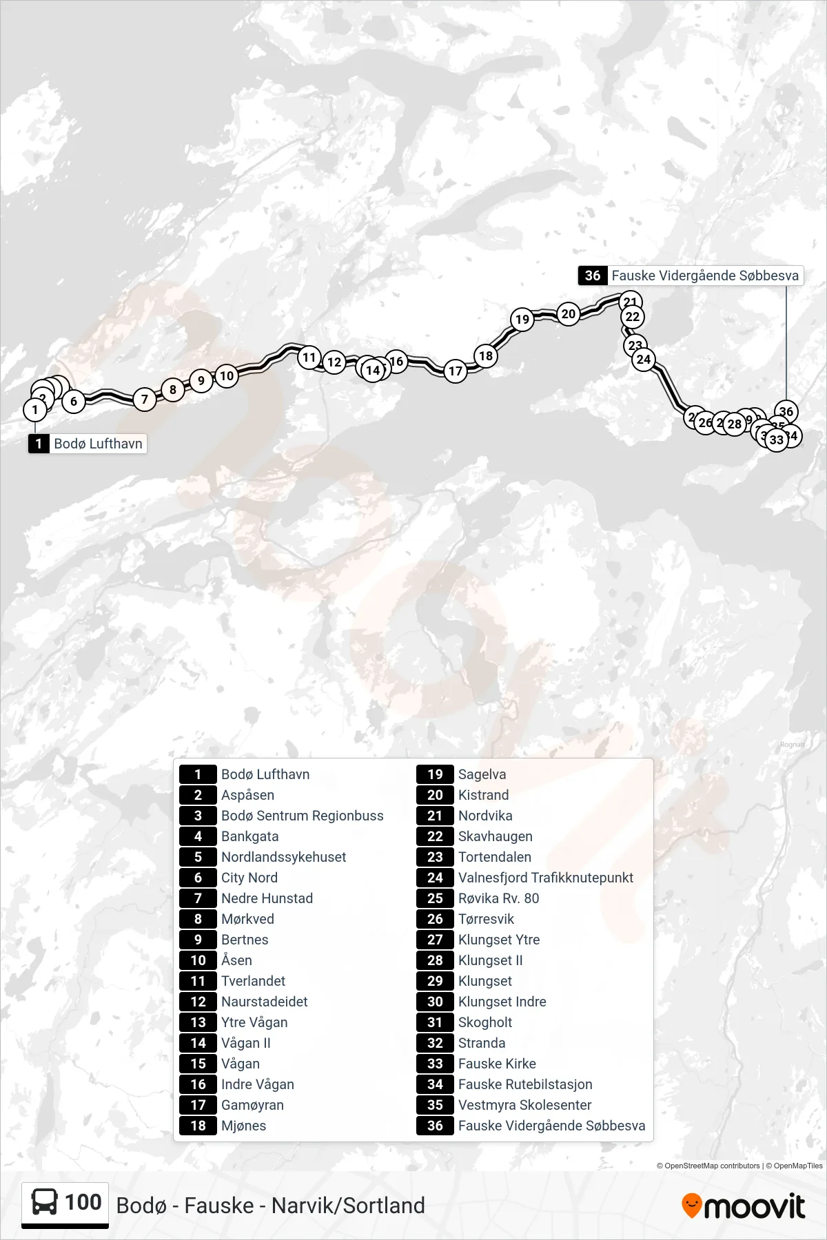 100 bus Line (Fauske) route and stops on a map