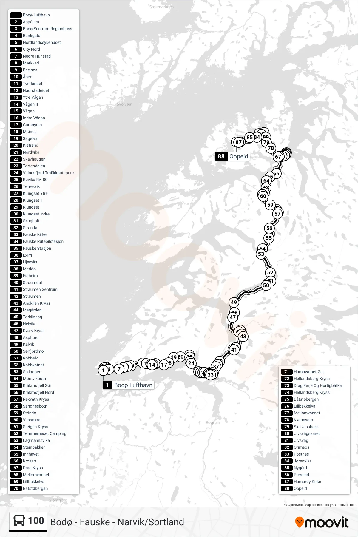 100 bus Line (Fauske - Oppeid) route and stops on a map