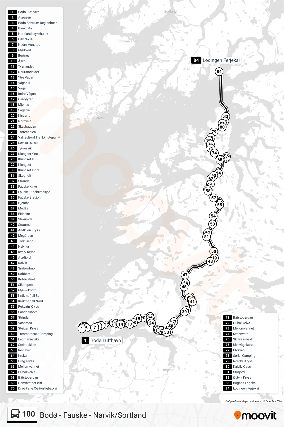 100 bus Line (Narvik - Sortland) route and stops on a map