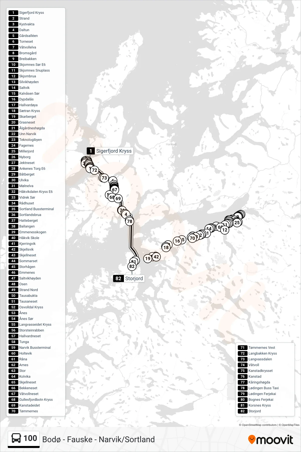 Rute og stopp på kart for linje 100 buss, Fauske - Bodø)