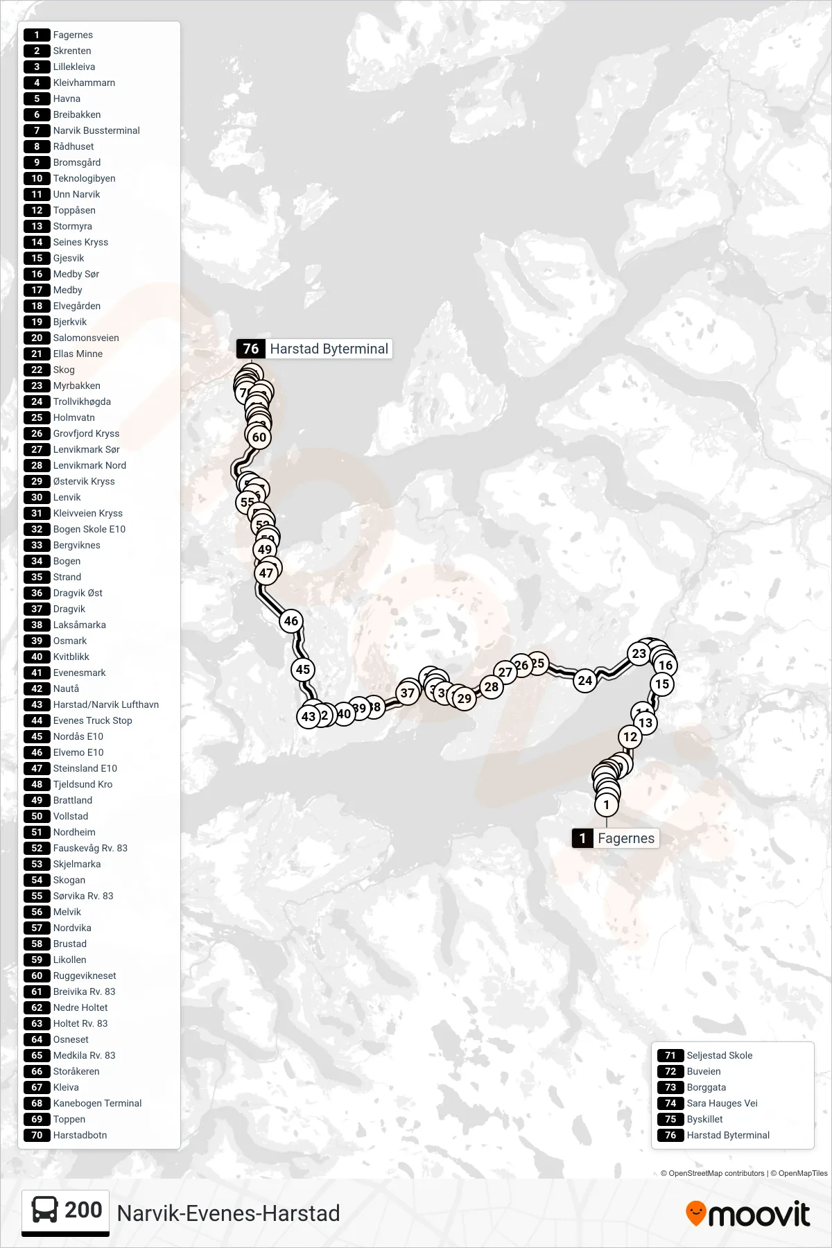 200 bus Line (Harstad) route and stops on a map