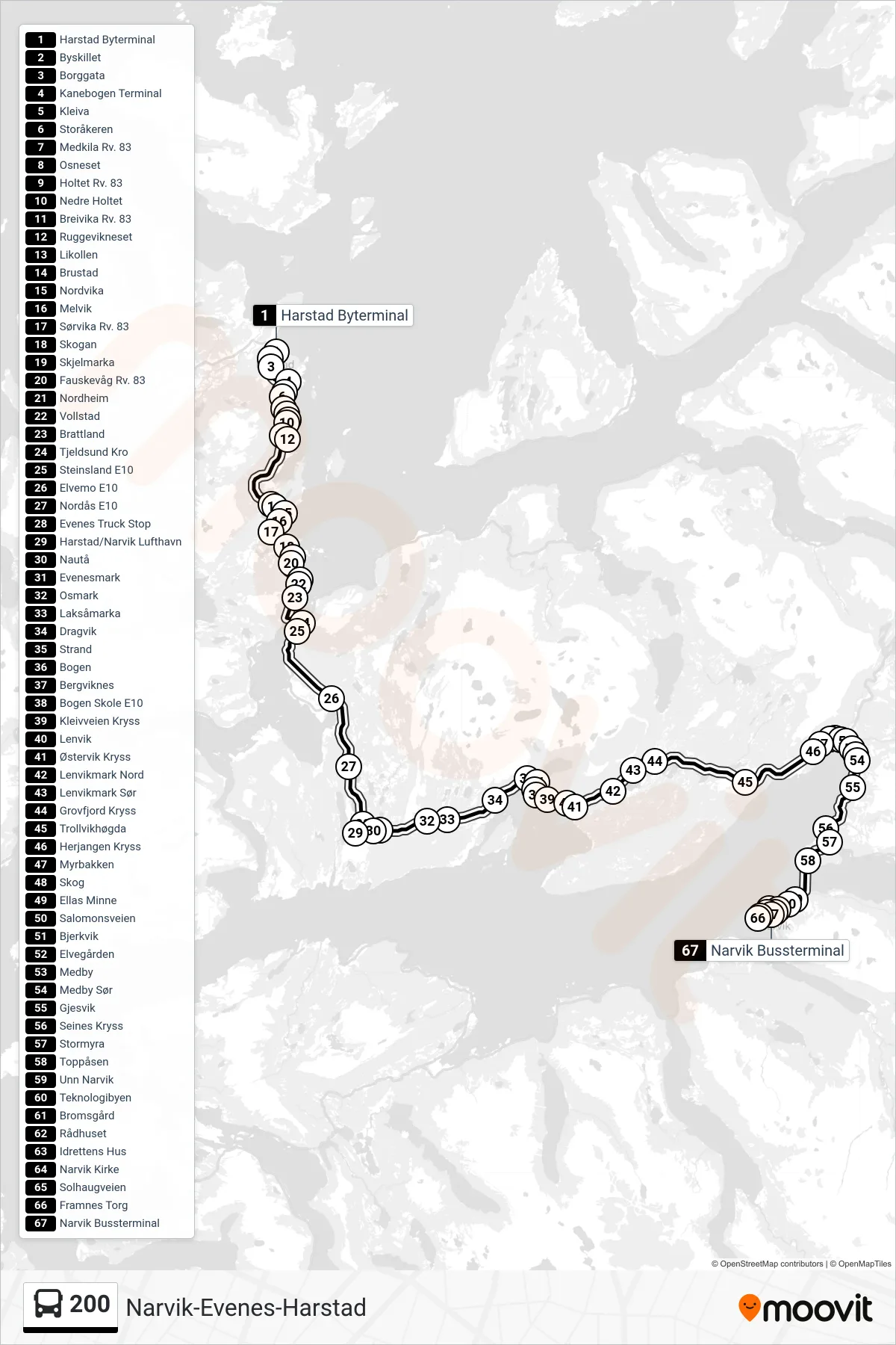 Rute og stopp på kart for linje 200 buss, Narvik)