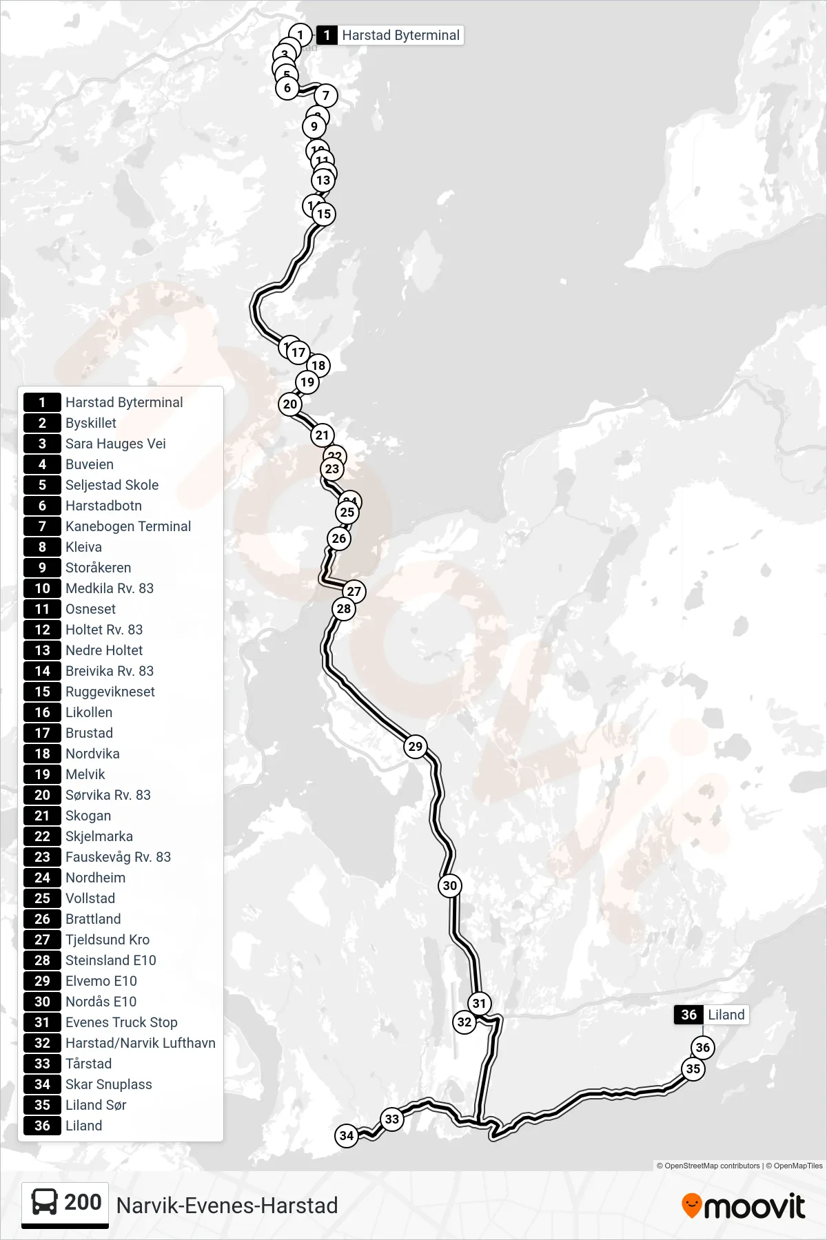200 bus Line (Evenes - Liland) route and stops on a map
