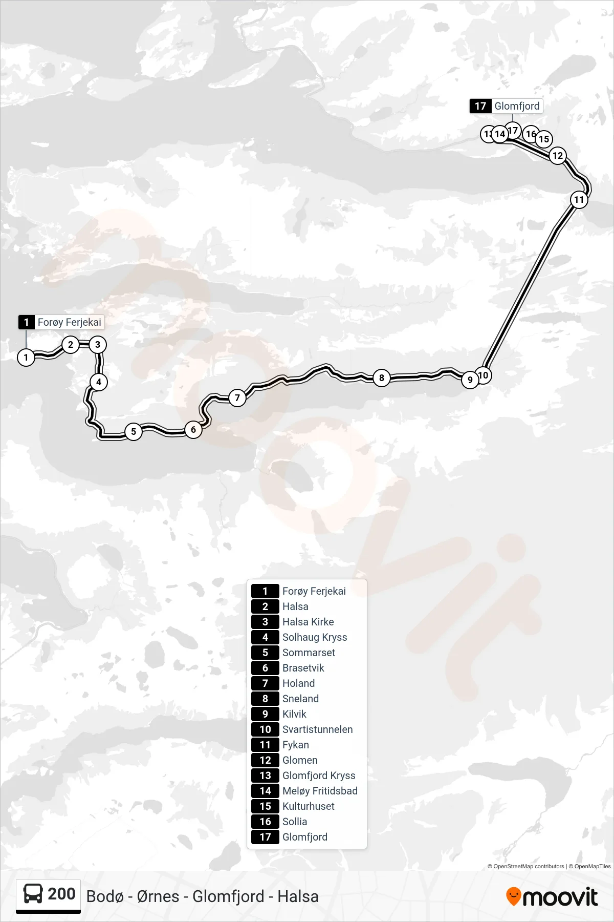 200 bus Line (Glomfjord) route and stops on a map