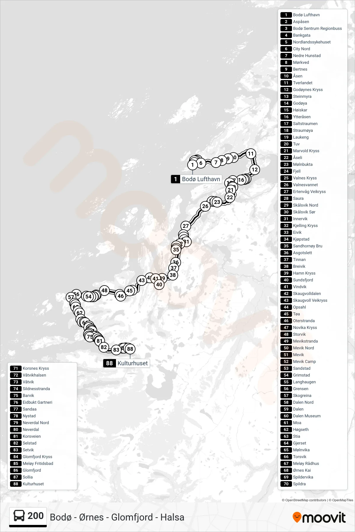 Rute og stopp på kart for linje 200 buss, Glomfjord)