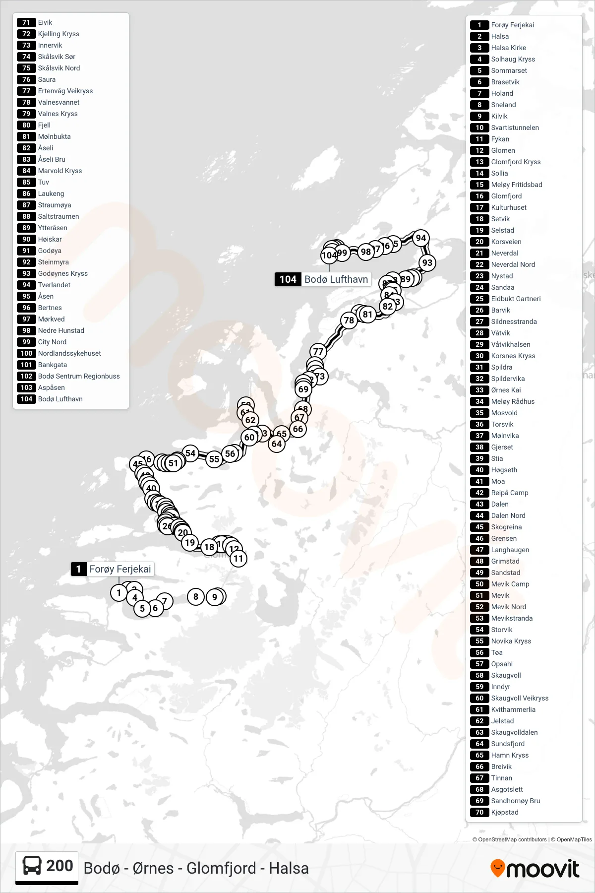 200 bus Line (Bodø Lufthavn) route and stops on a map