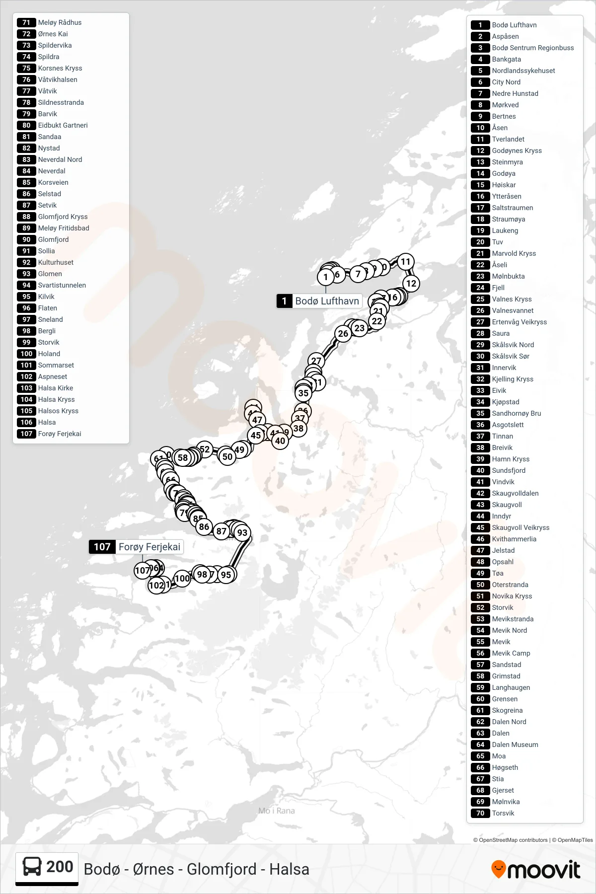 200 bus Line (Glomfjord, Halsa) route and stops on a map