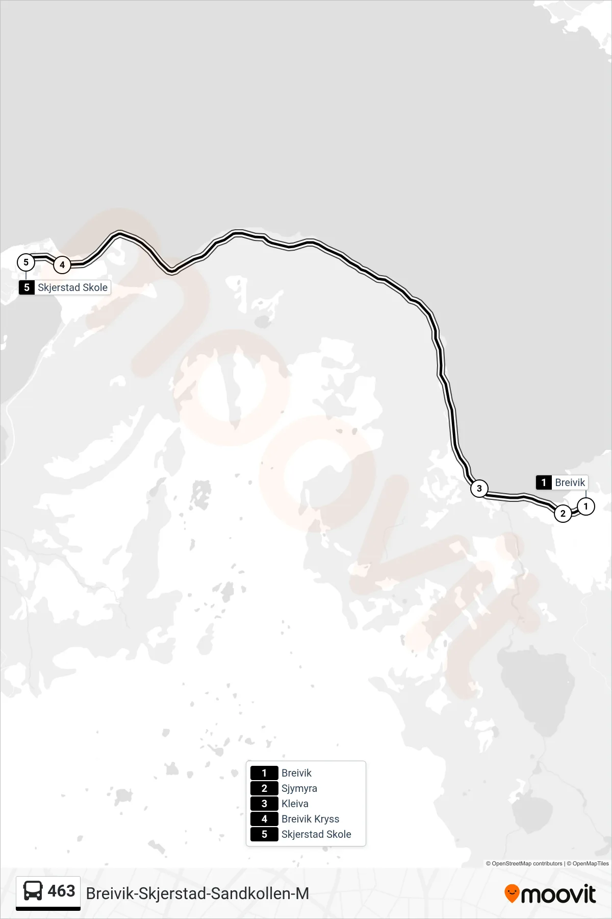 463 bus Line (Skjerstad Skole) route and stops on a map