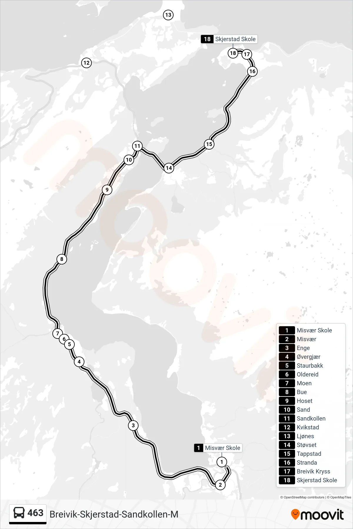 463 bus Line (Skjerstad Skole) route and stops on a map