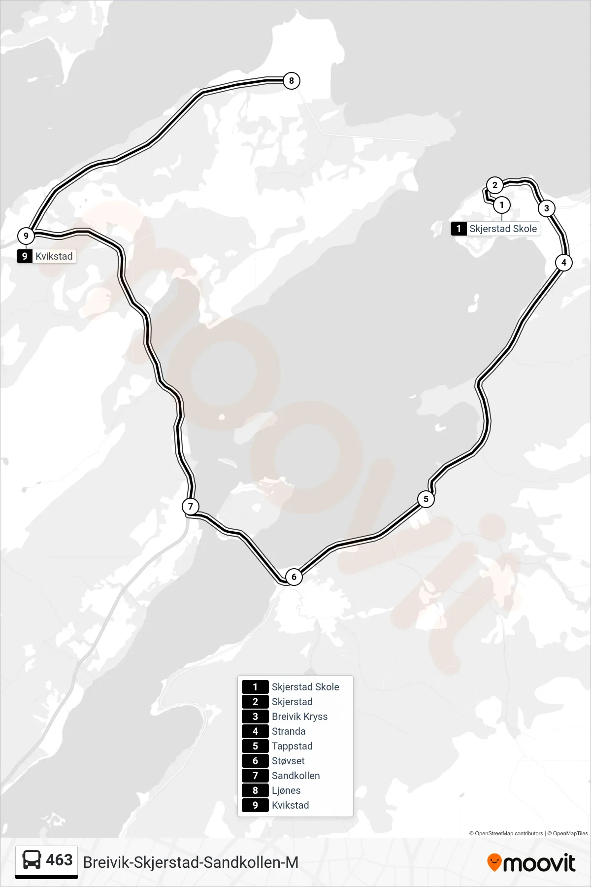 463 bus Line (Kvikstad) route and stops on a map