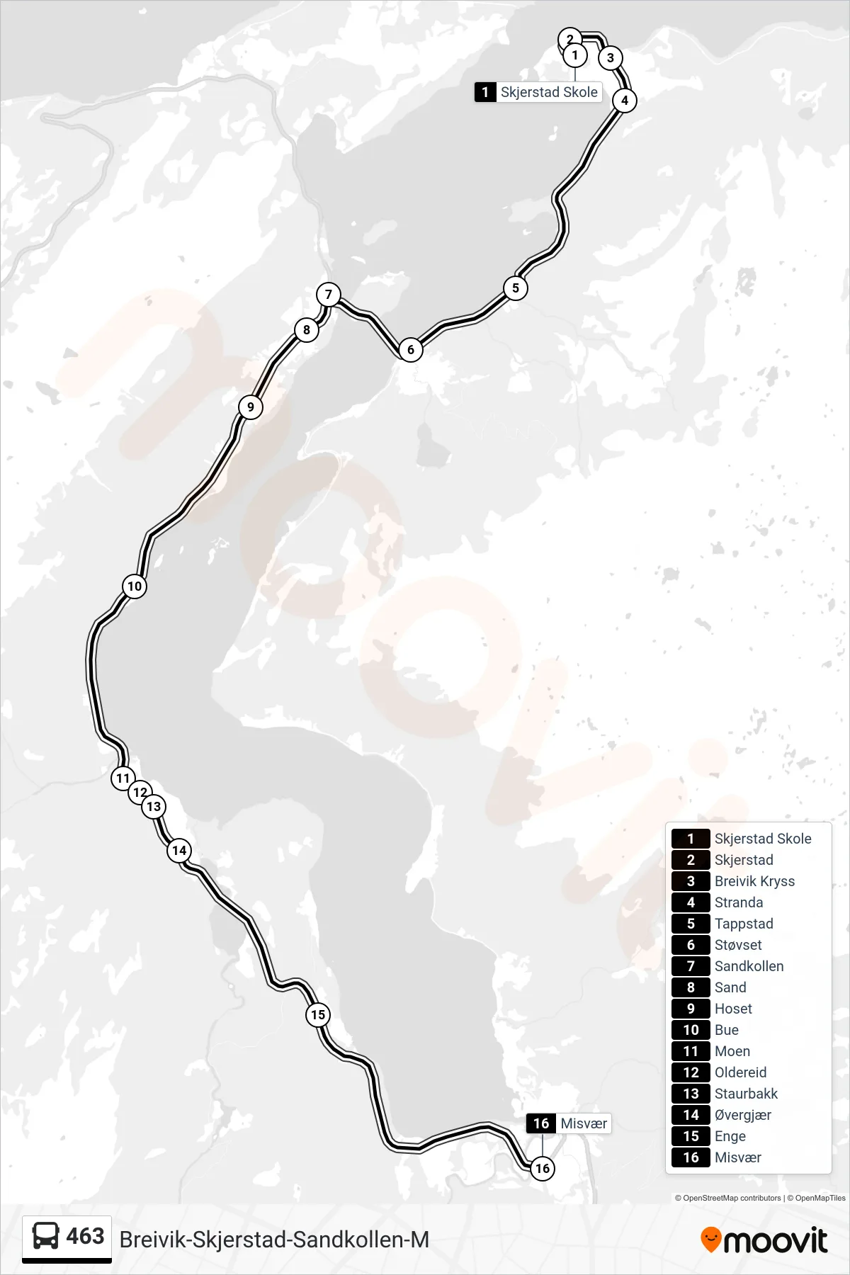 Rute og stopp på kart for linje 463 buss, Misvær)