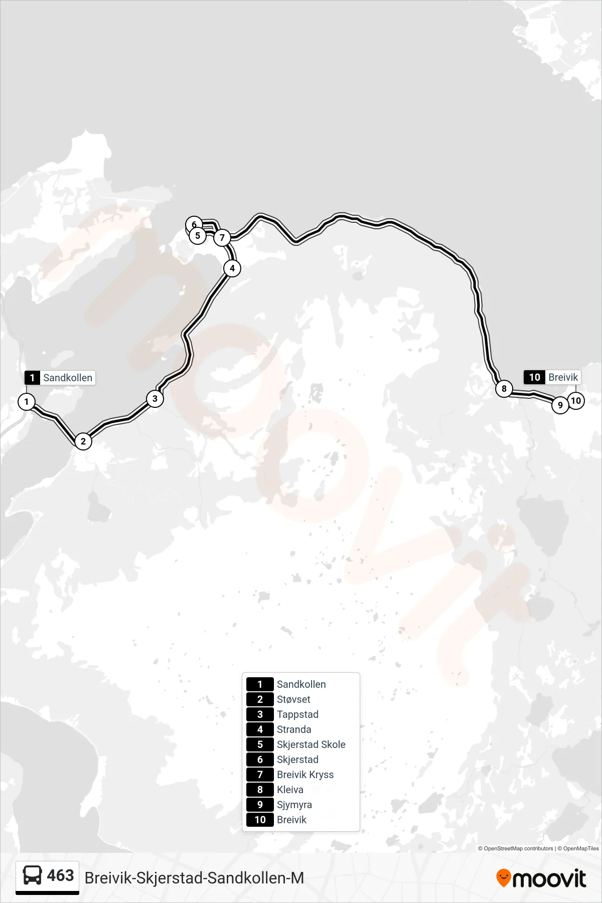 463 bus Line (Breivik) route and stops on a map