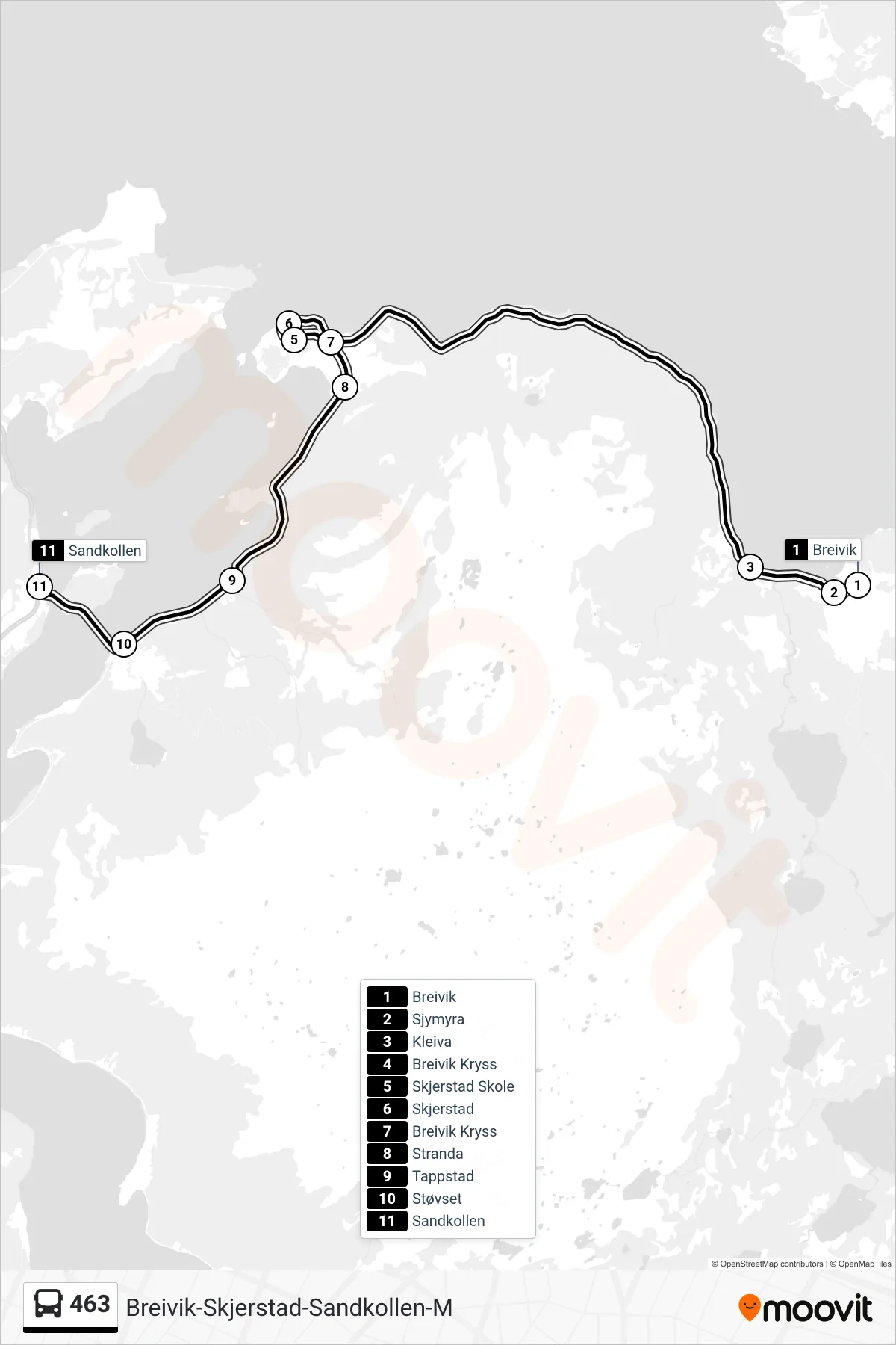 463 bus Line (Sandkollen) route and stops on a map