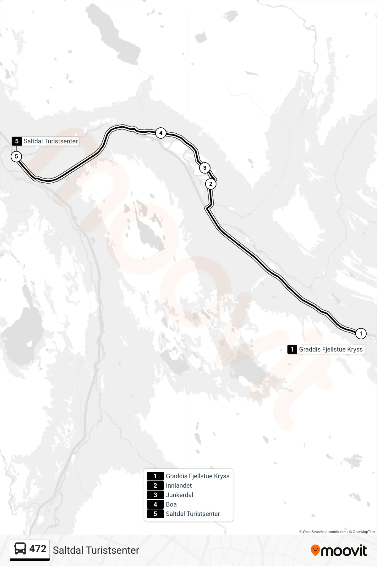472 bus Line (Saltdal Turistsenter) route and stops on a map