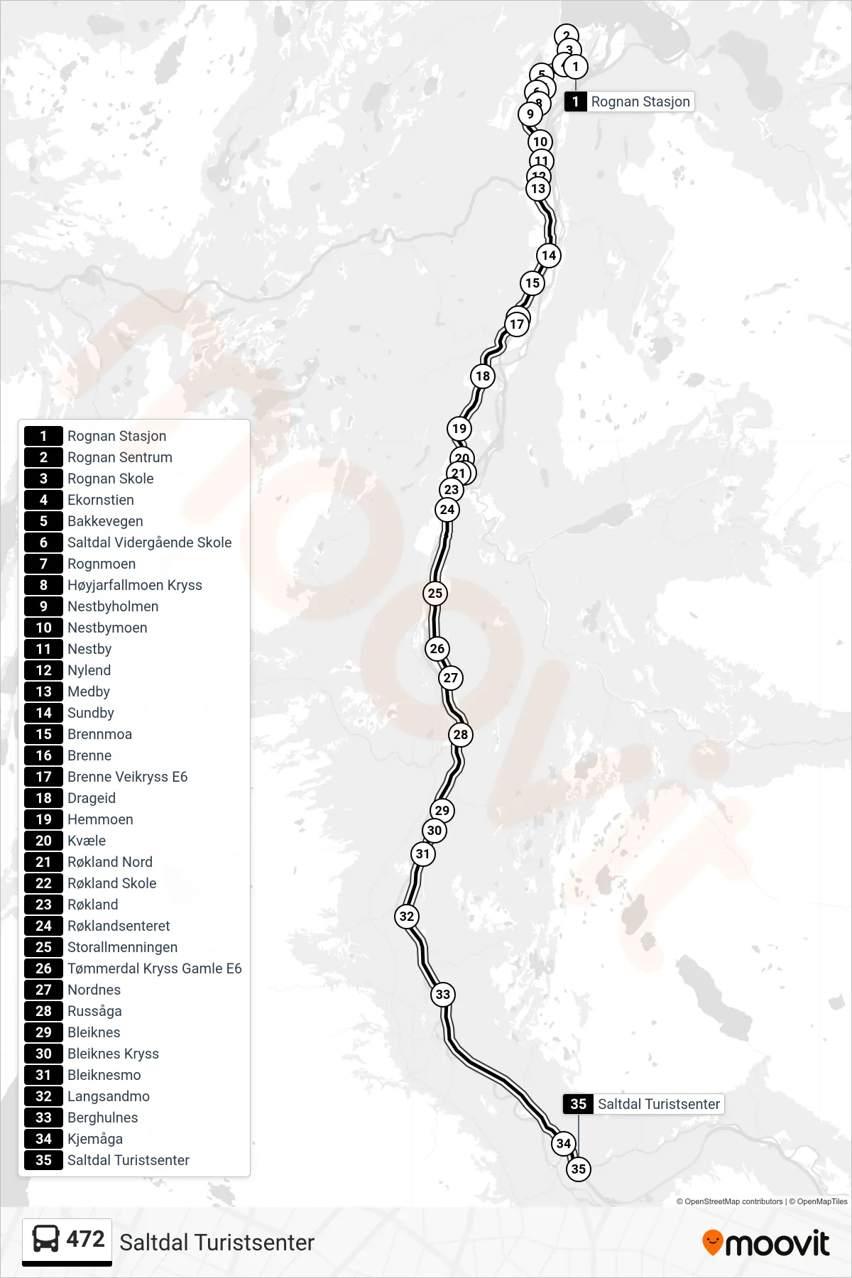 472 bus Line (Saltdal Turistsenter) route and stops on a map