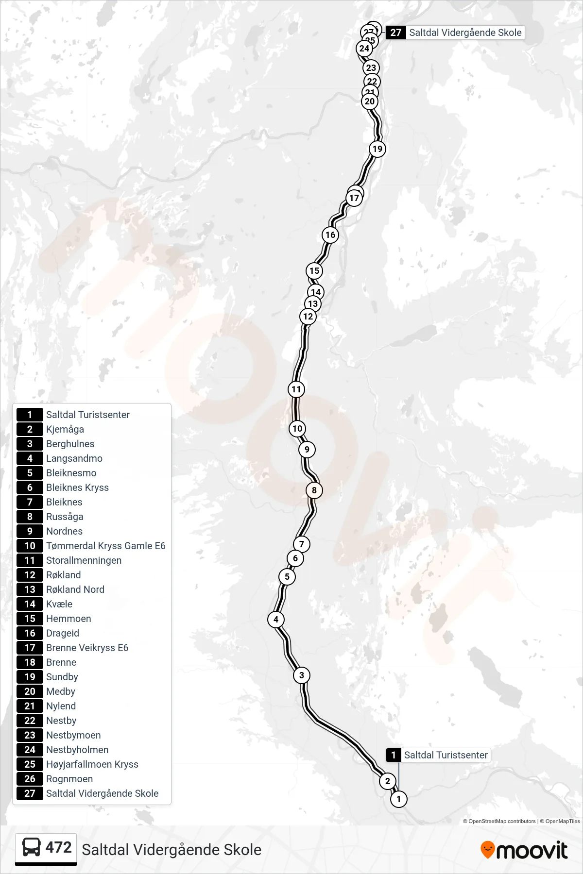 472 bus Line (Saltdal Vidergående Skole) route and stops on a map