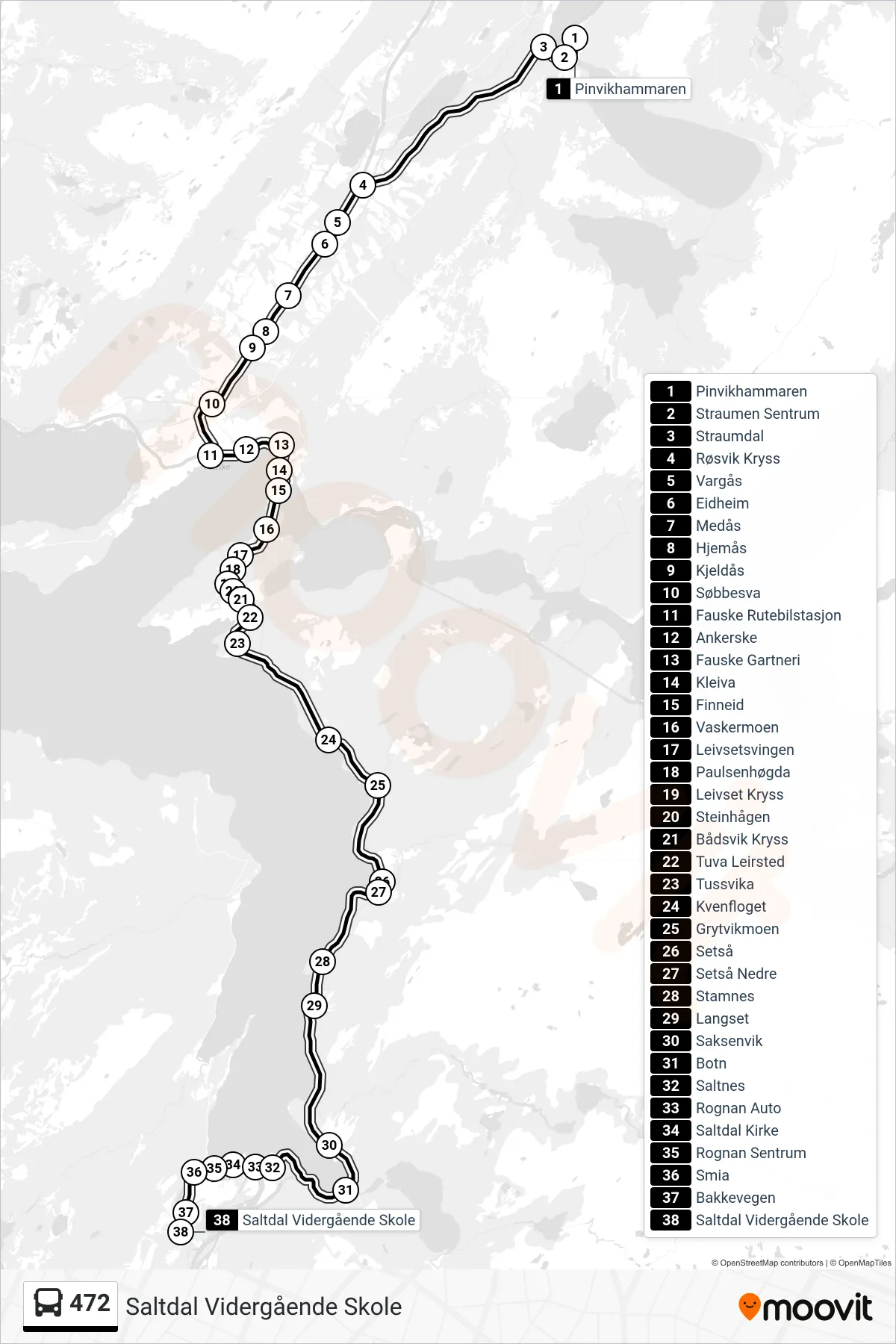 472 bus Line (Saltdal Vidergående Skole) route and stops on a map