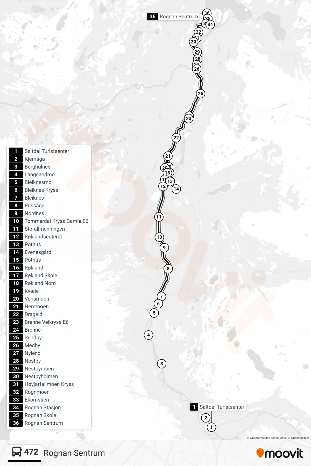 472 bus Line (Rognan Sentrum) route and stops on a map