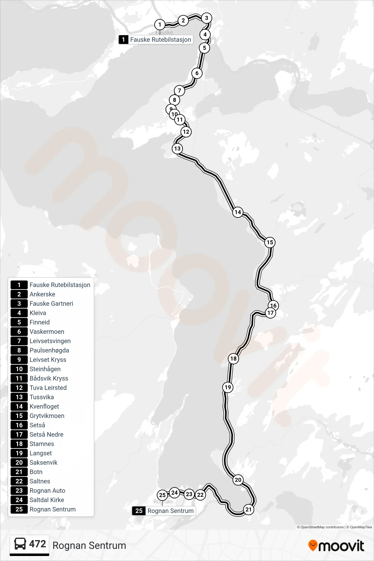472 bus Line (Rognan Sentrum) route and stops on a map