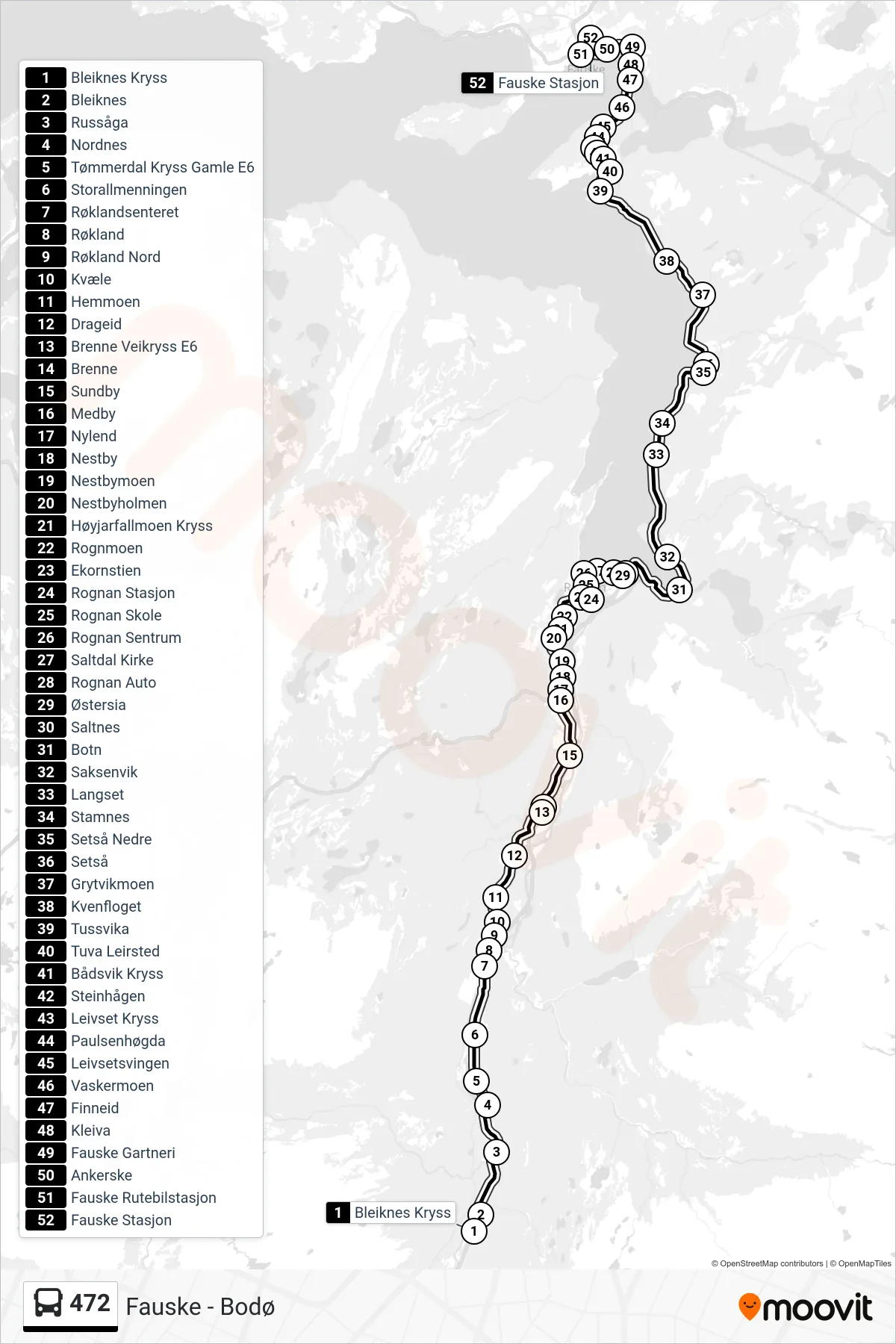 472 bus Line (Fauske - Bodø) route and stops on a map