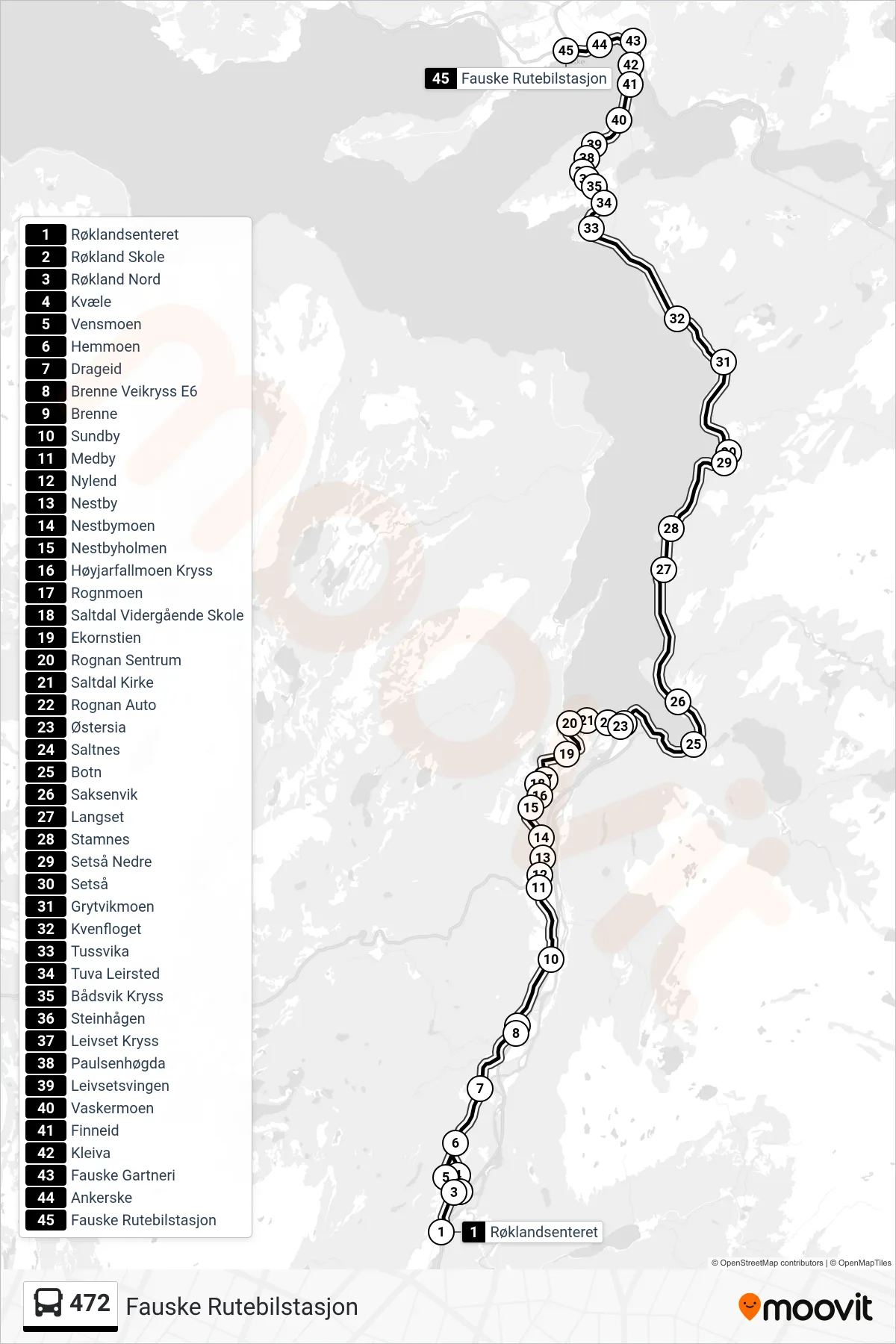 Rute og stopp på kart for linje 472 buss, Fauske Rutebilstasjon)