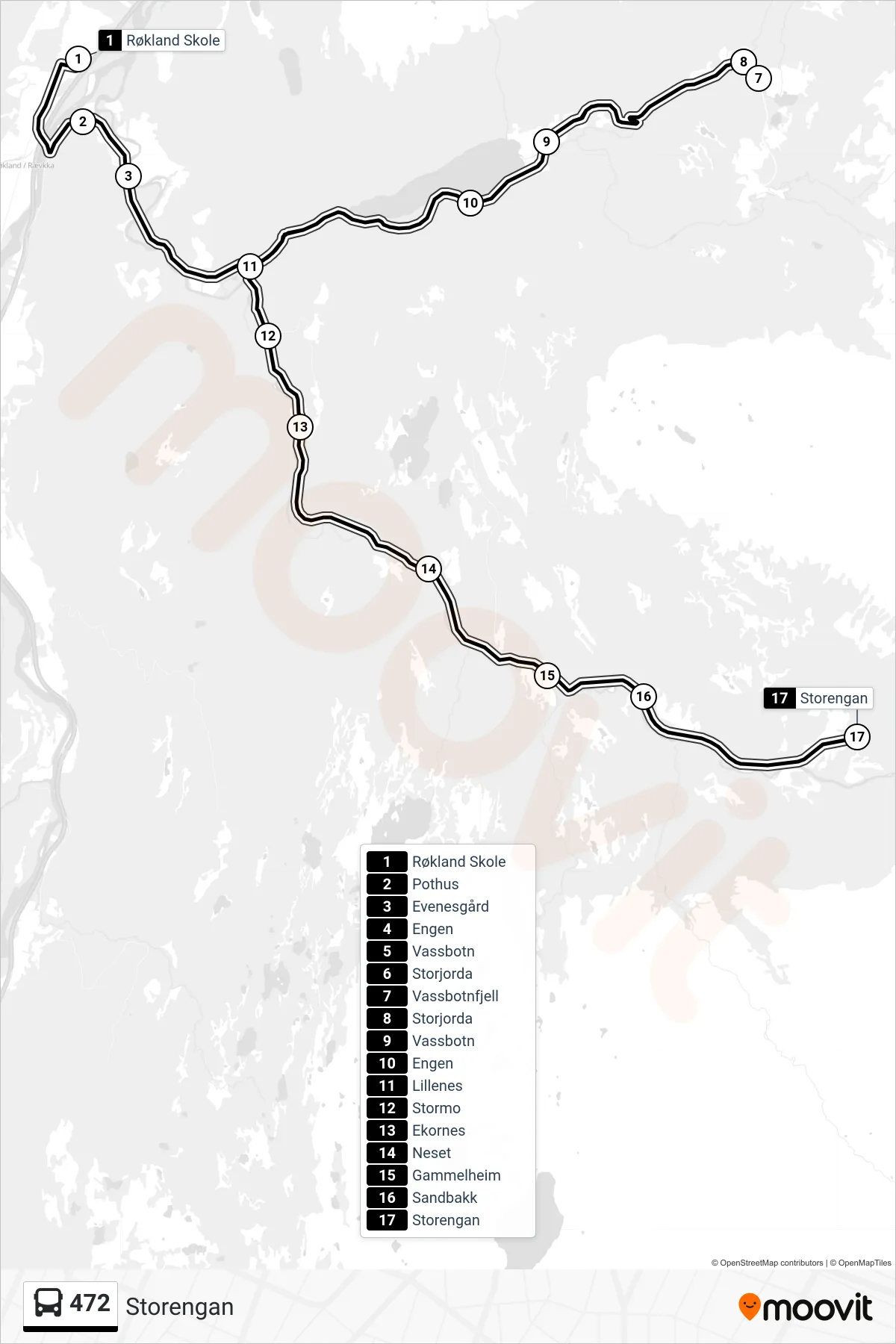 472 bus Line (Storengan) route and stops on a map