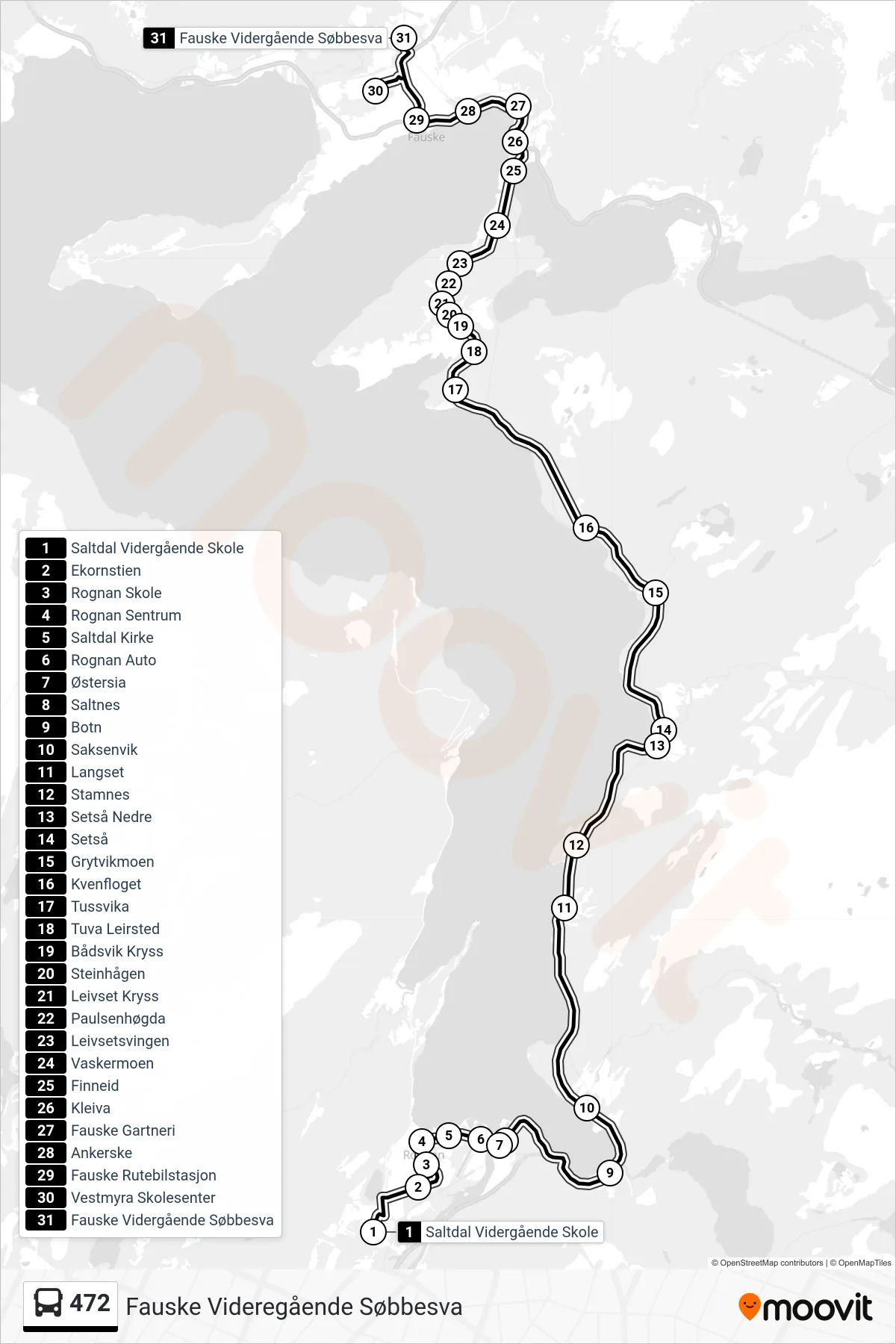 472 bus Line (Fauske Videregående Søbbesva) route and stops on a map