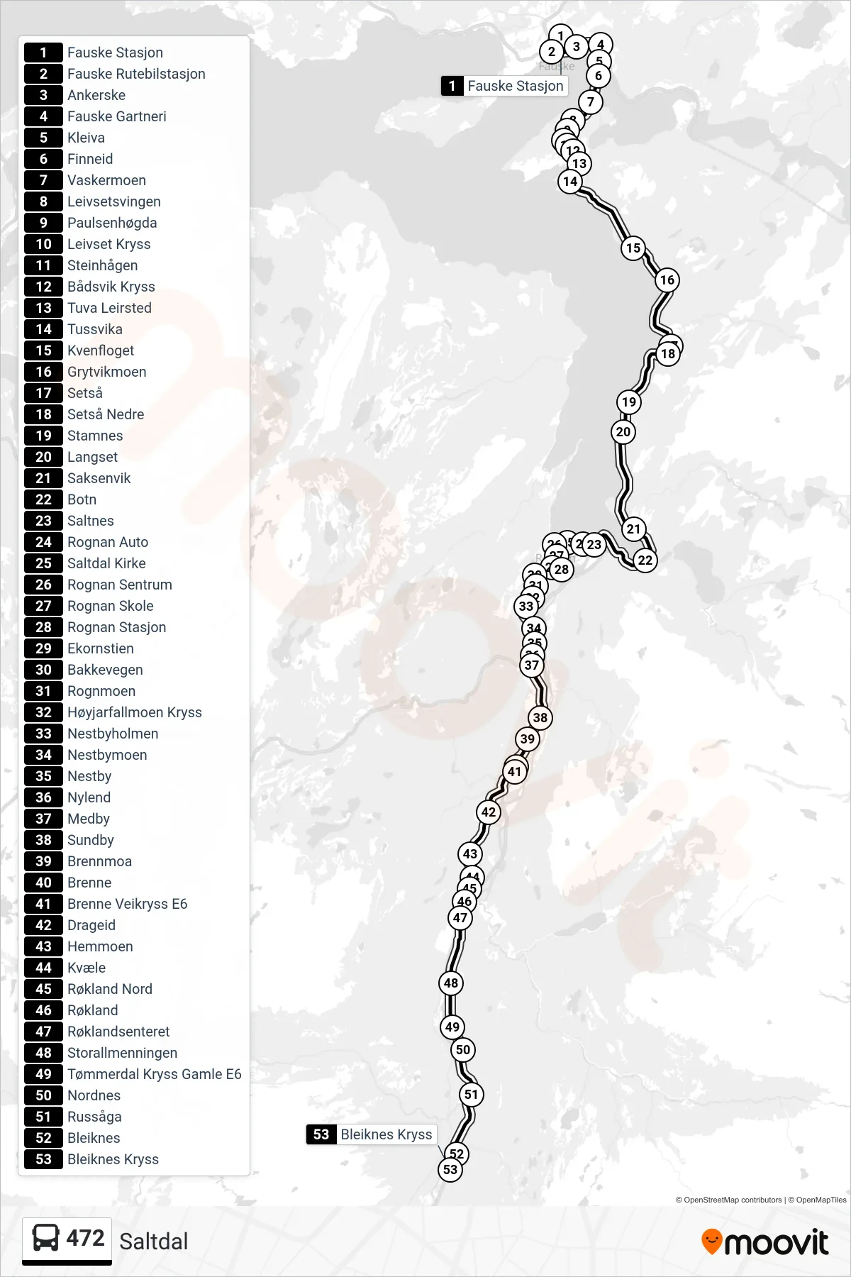 472 bus Line (Saltdal) route and stops on a map