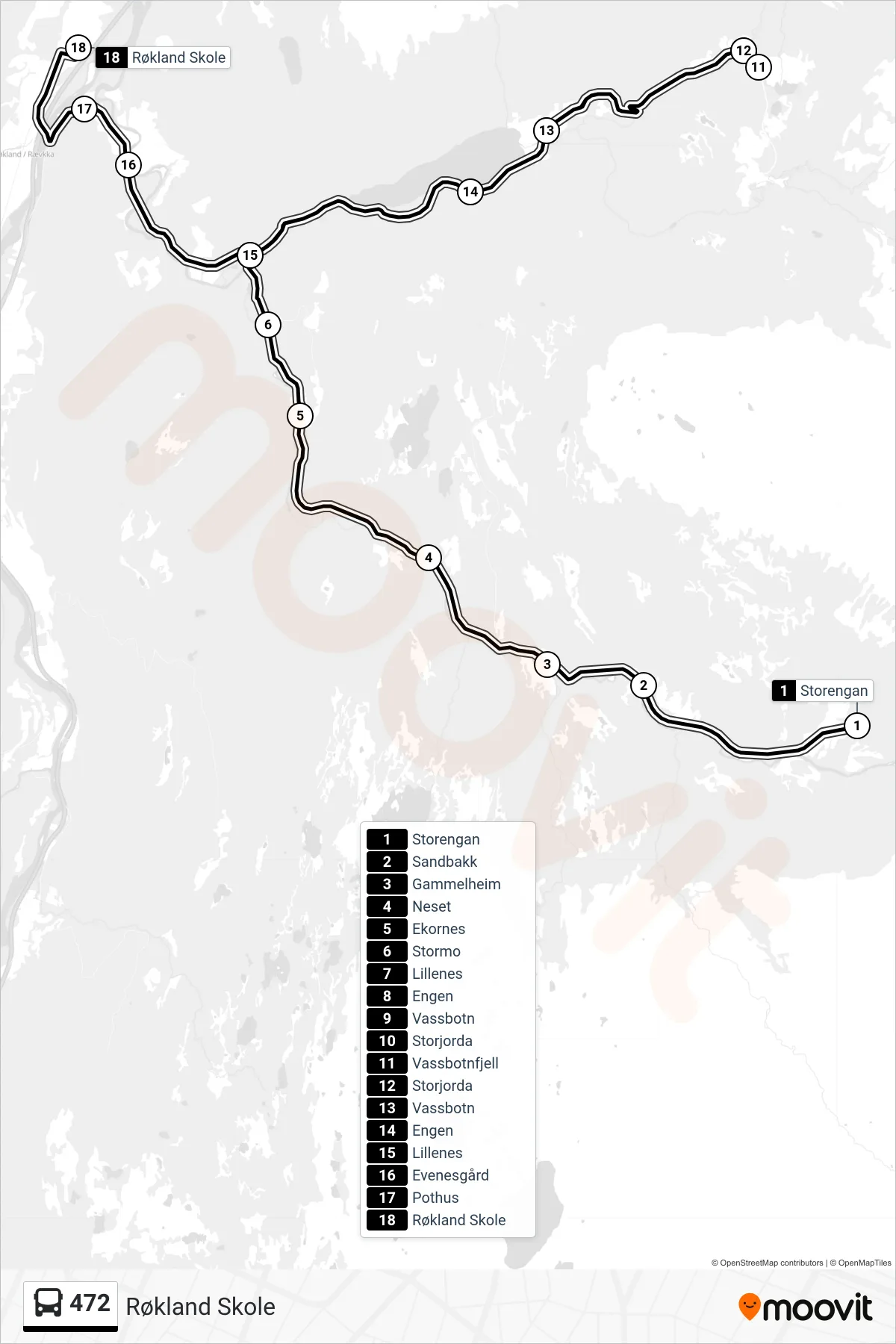 472 bus Line (Røkland Skole) route and stops on a map
