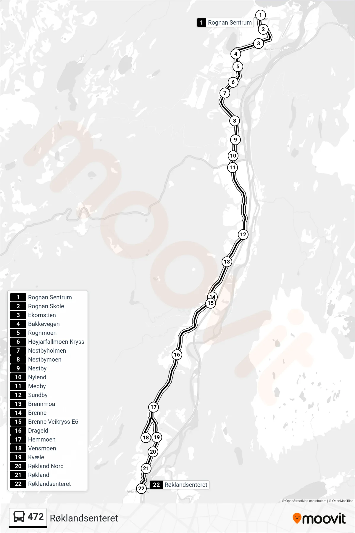 472 bus Line (Røklandsenteret) route and stops on a map