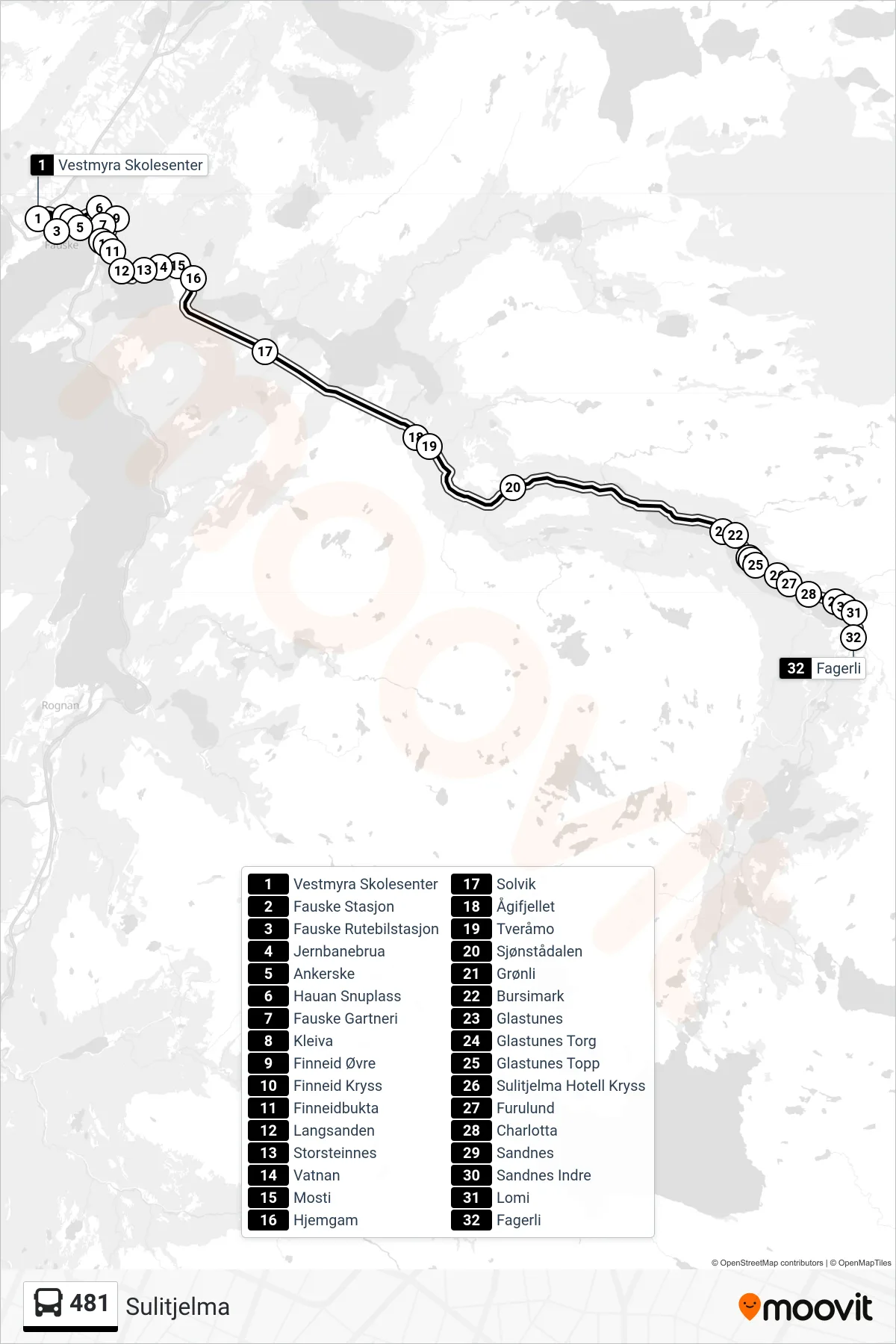 481 bus Line (Sulitjelma) route and stops on a map