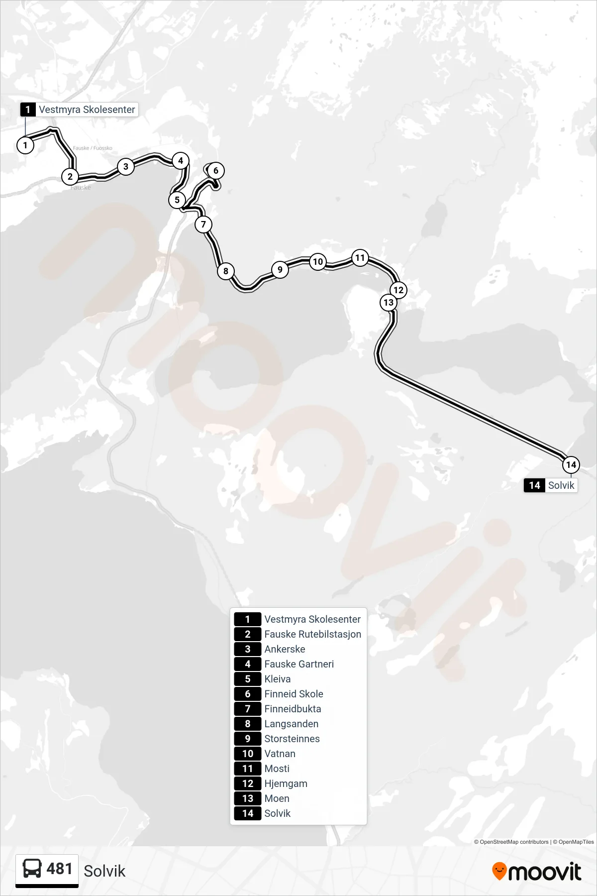 481 bus Line (Solvik) route and stops on a map