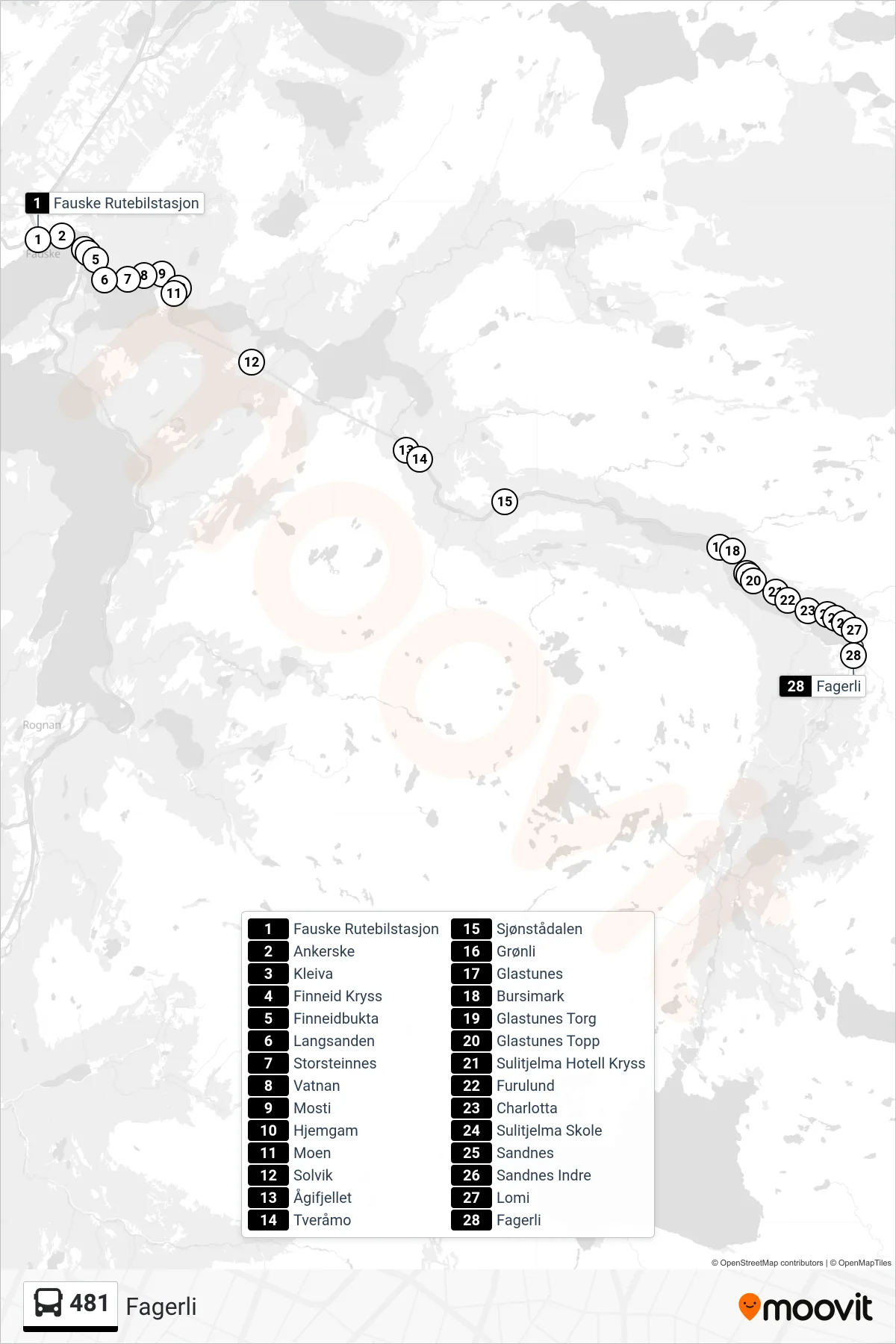 481 bus Line (Fagerli) route and stops on a map