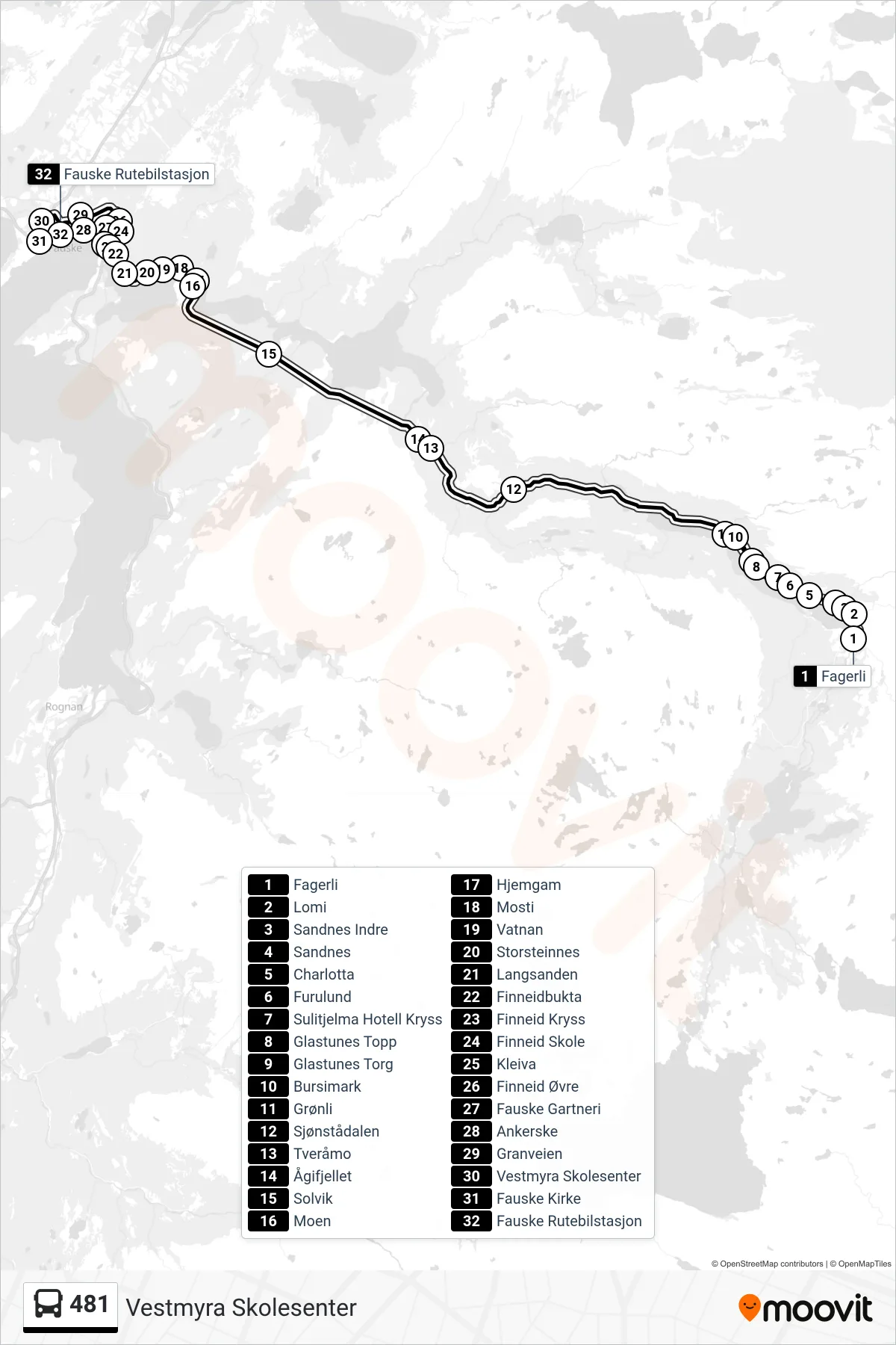 481 bus Line (Vestmyra Skolesenter) route and stops on a map