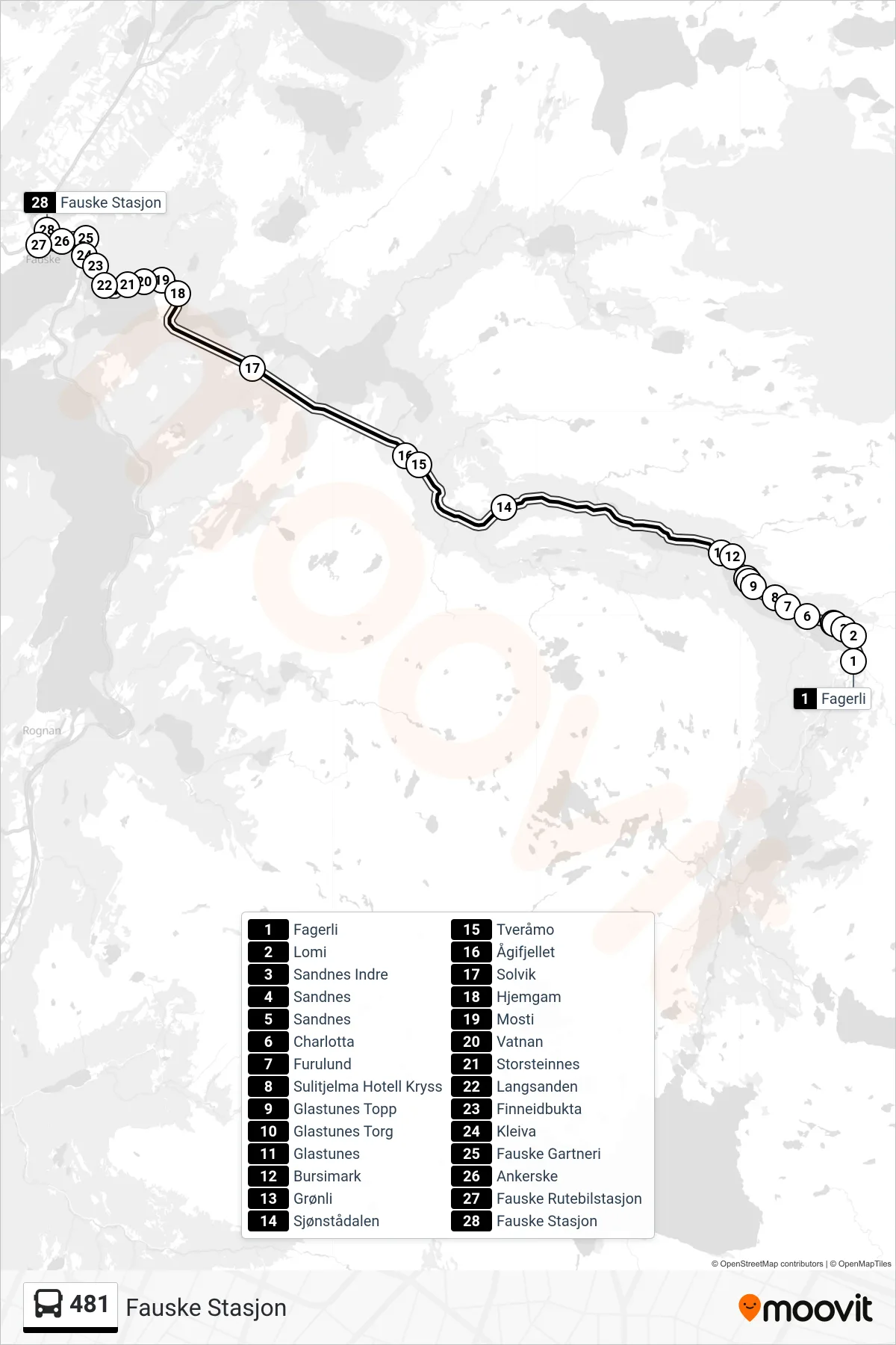 481 bus Line (Fauske Stasjon) route and stops on a map