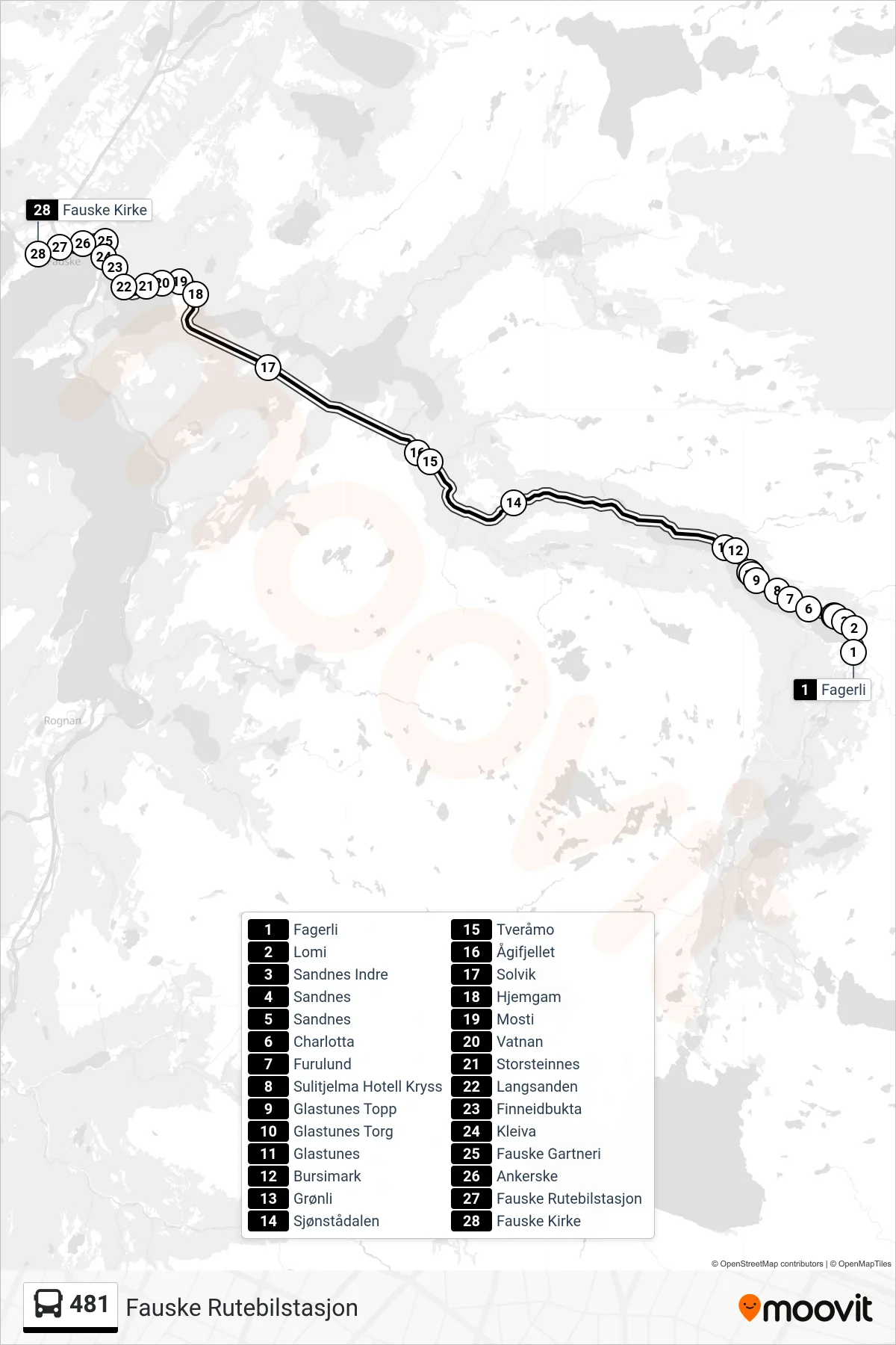 Rute og stopp på kart for linje 481 buss, Fauske Rutebilstasjon)