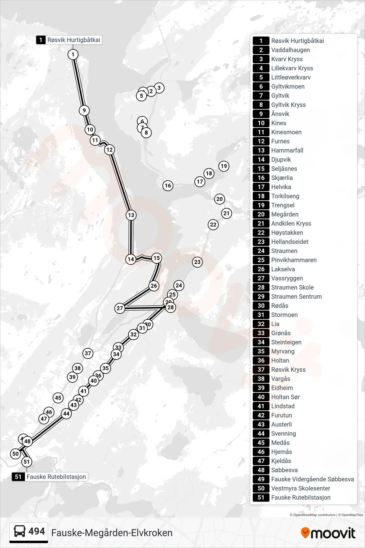 494 bus Line (Fauske Rutebilstasjon) route and stops on a map