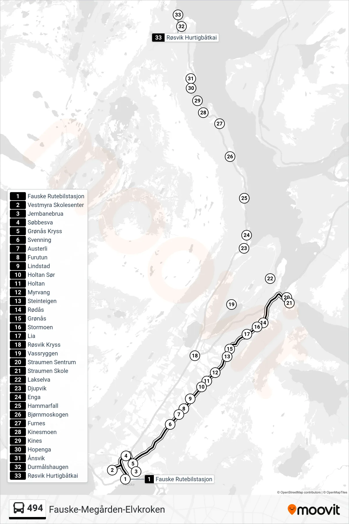 494 bus Line (Rødås) route and stops on a map