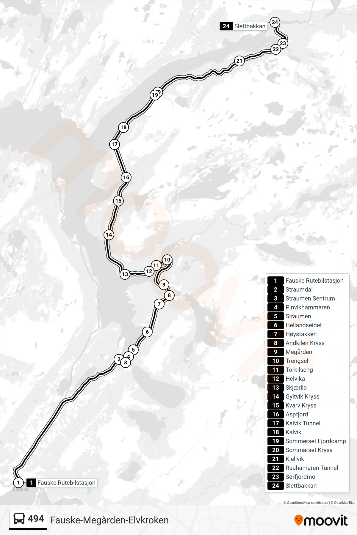494 bus Line (Elvkroken) route and stops on a map