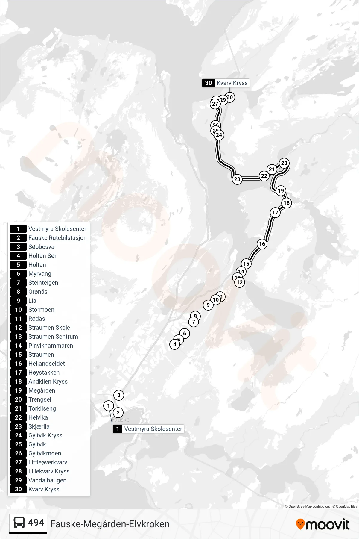 Rute og stopp på kart for linje 494 buss, Kvarv Kryss)