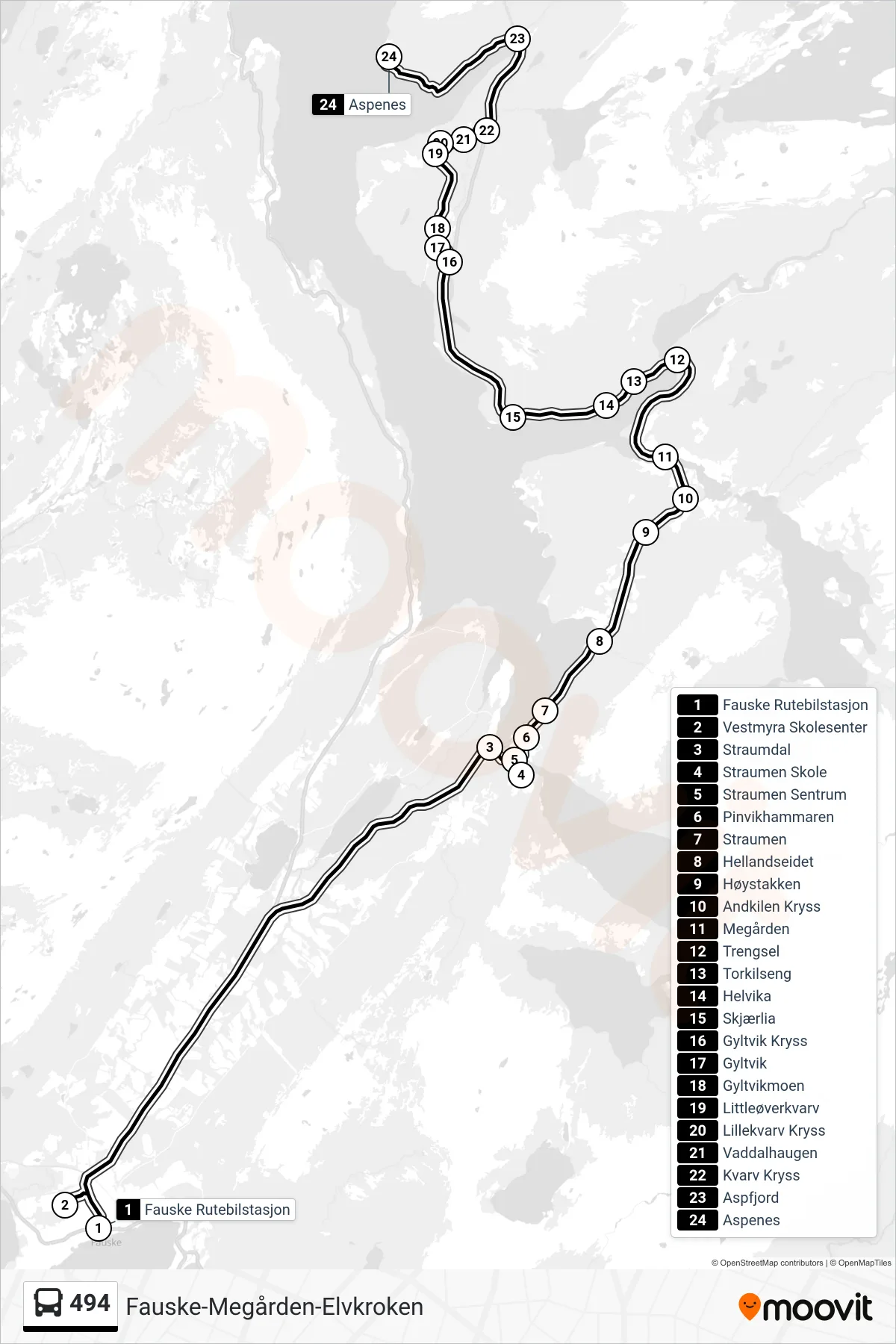 494 bus Line (Kvarv Kryss Via Straumen Skole) route and stops on a map