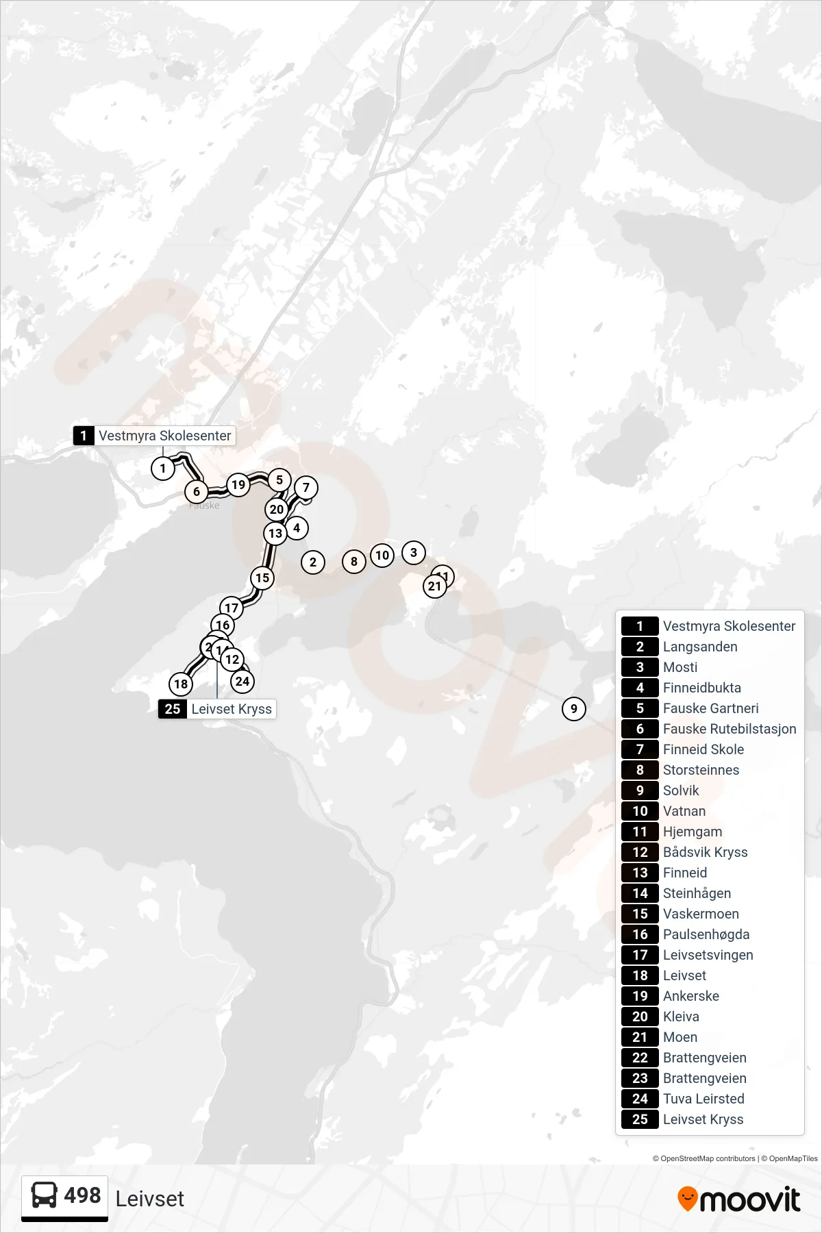 Rute og stopp på kart for linje 498 buss, Leivset)