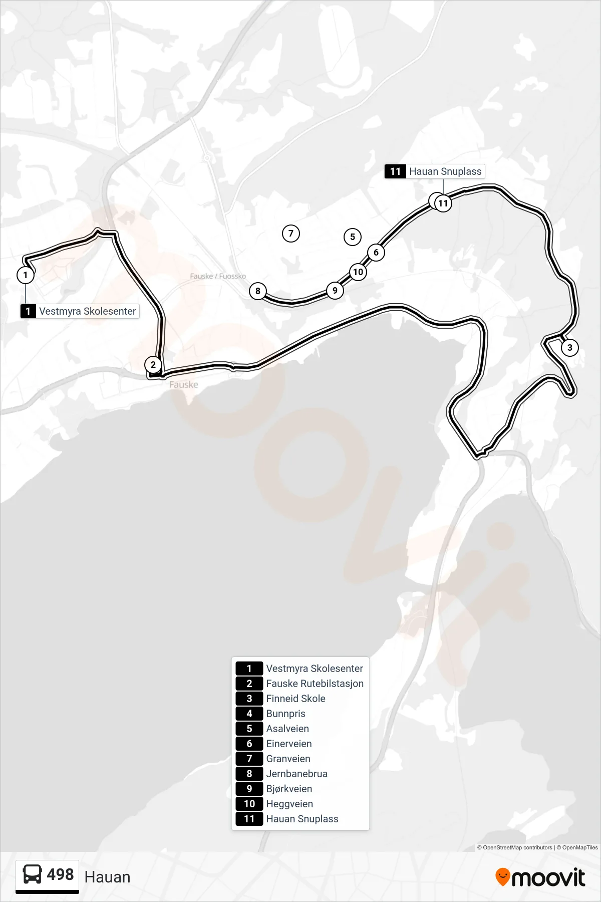 498 bus Line (Hauan) route and stops on a map