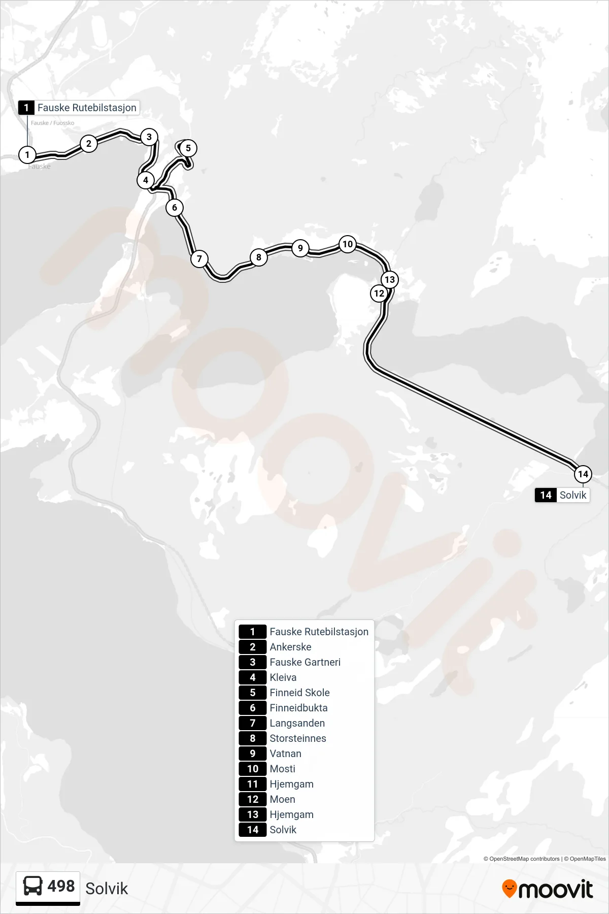 498 bus Line (Solvik) route and stops on a map