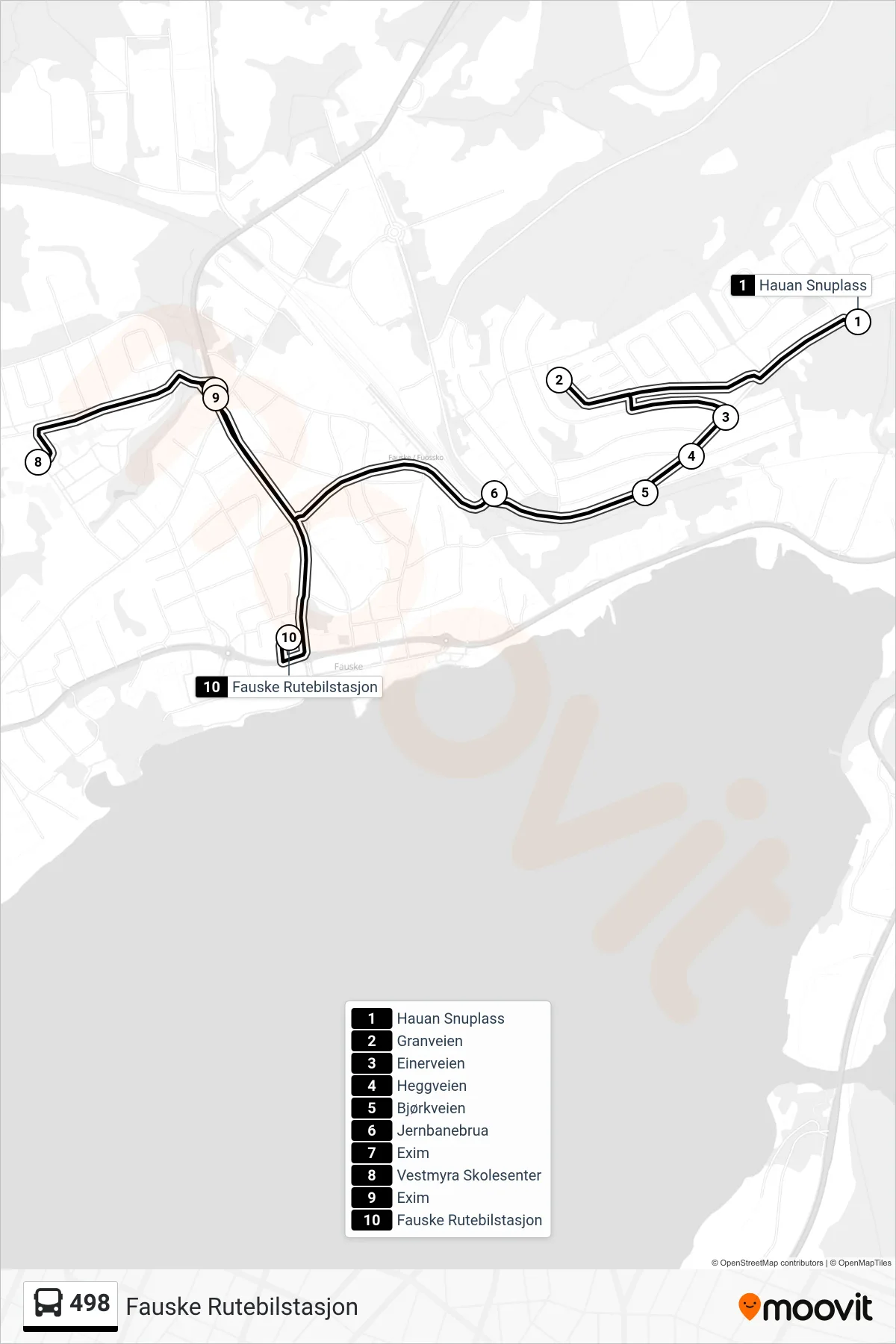 498 bus Line (Fauske Rutebilstasjon) route and stops on a map