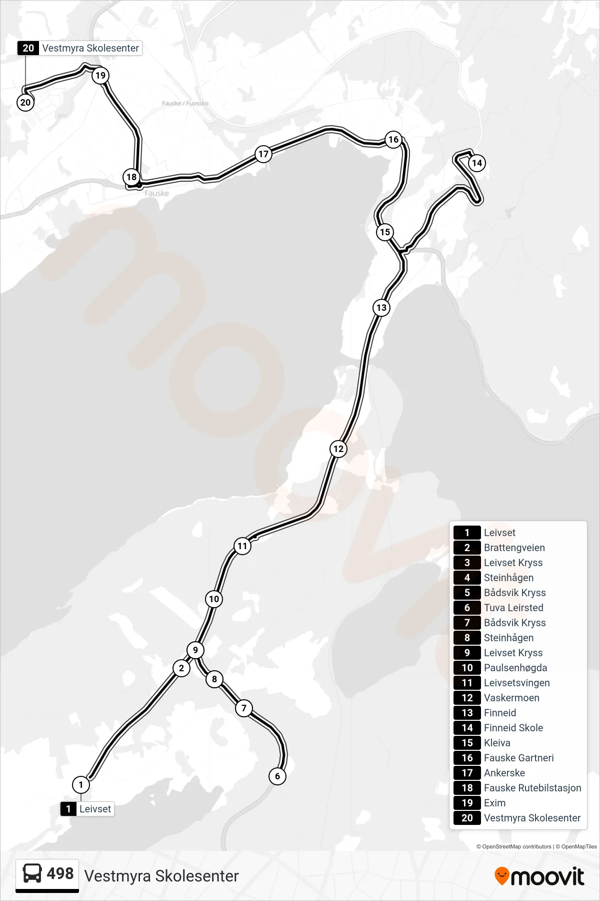 498 bus Line (Vestmyra Skolesenter) route and stops on a map
