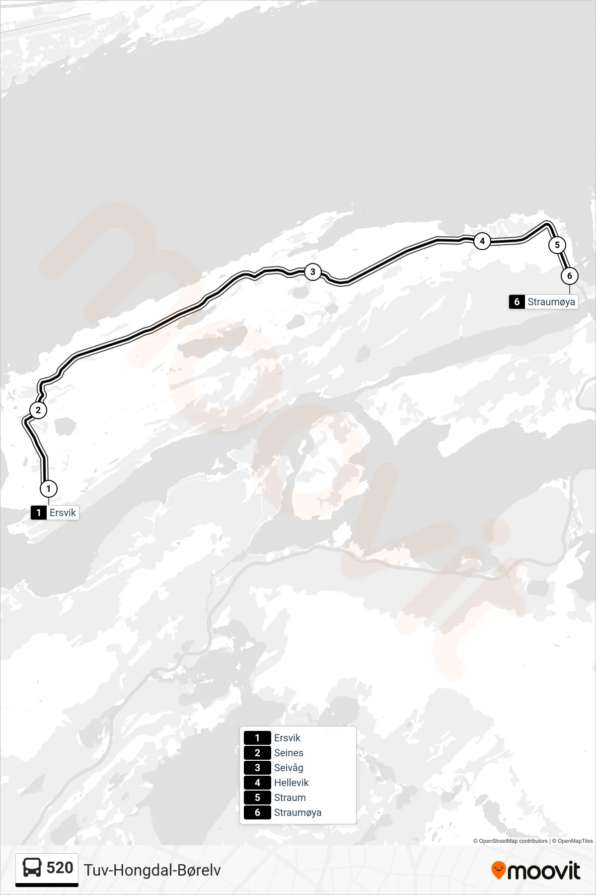 520 bus Line (Straumøya) route and stops on a map