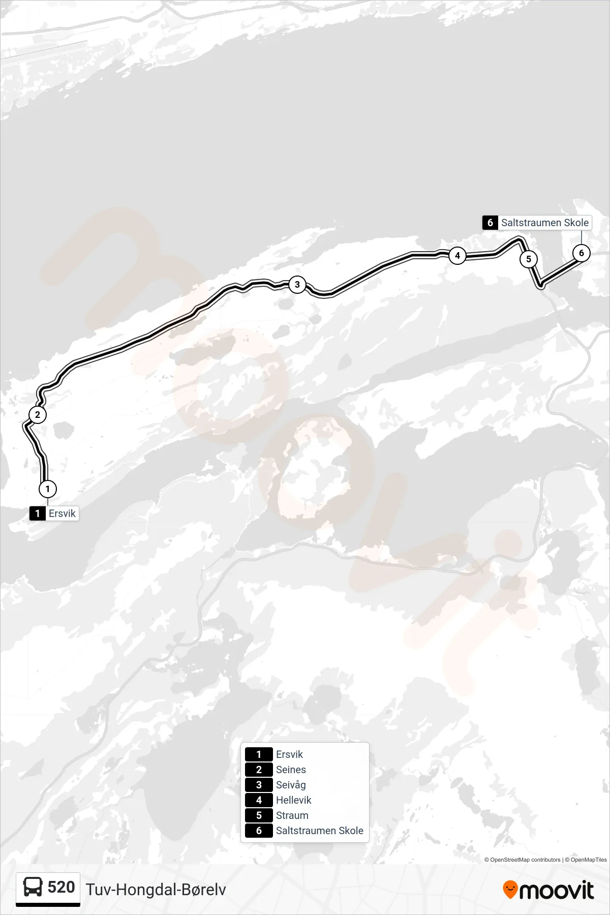 Rute og stopp på kart for linje 520 buss, Saltstraumen Skole)