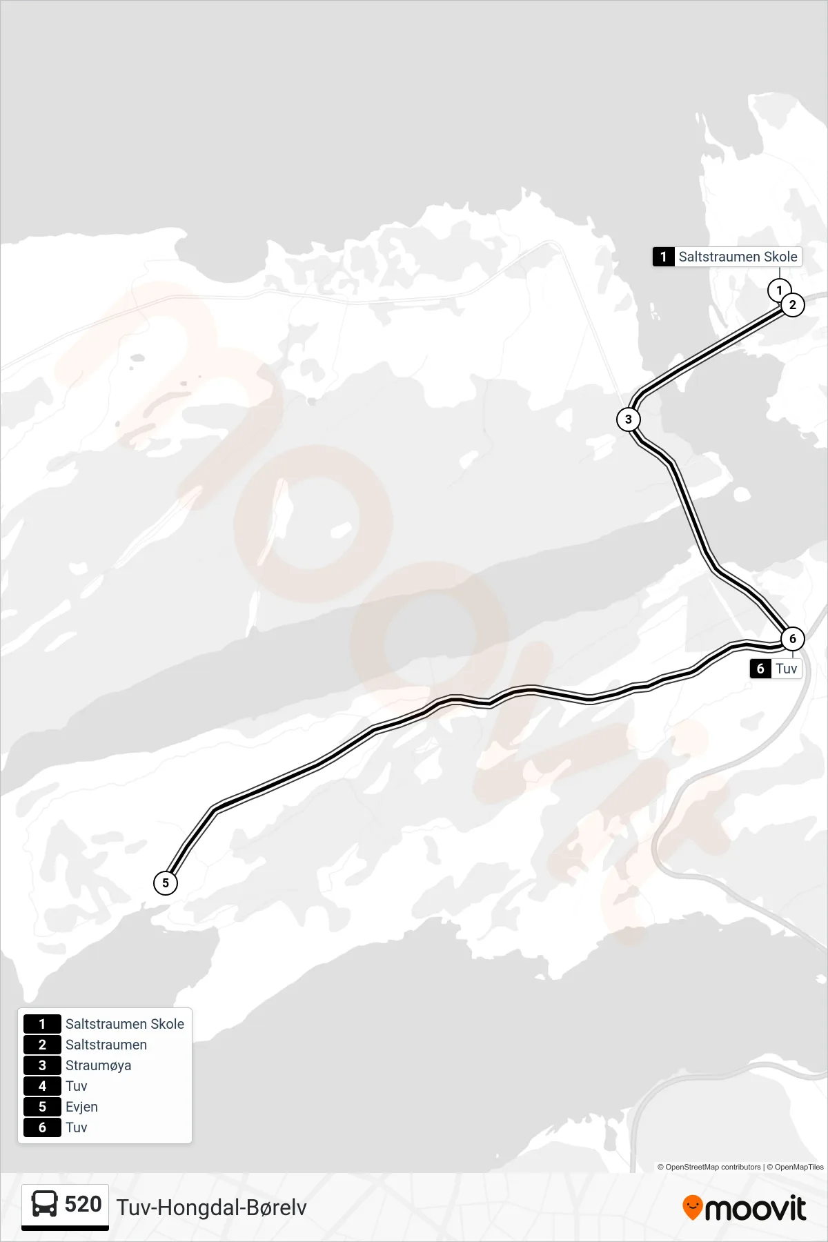 520 bus Line (Tverlandet Via Evjen) route and stops on a map