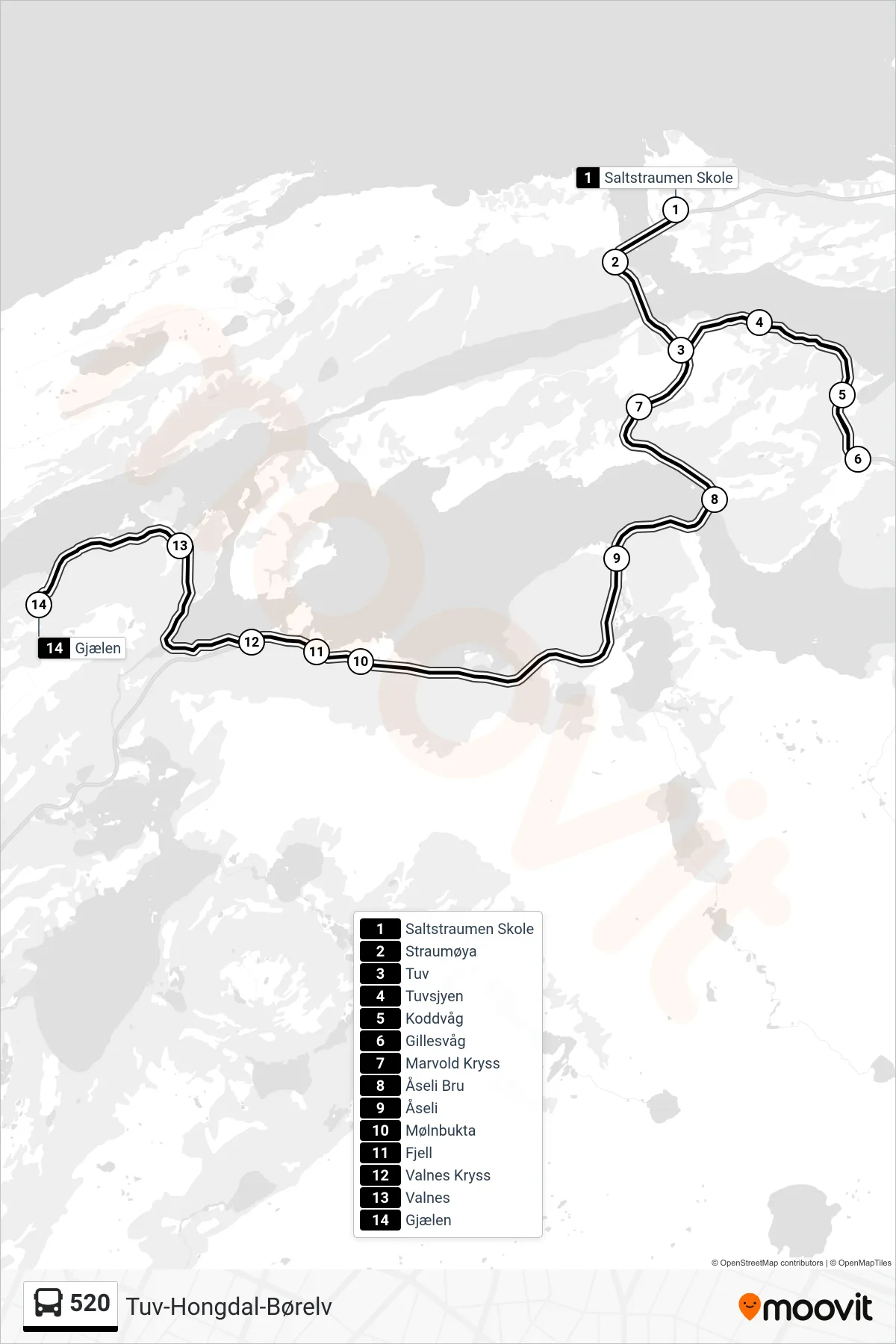 520 bus Line (Gjælen) route and stops on a map